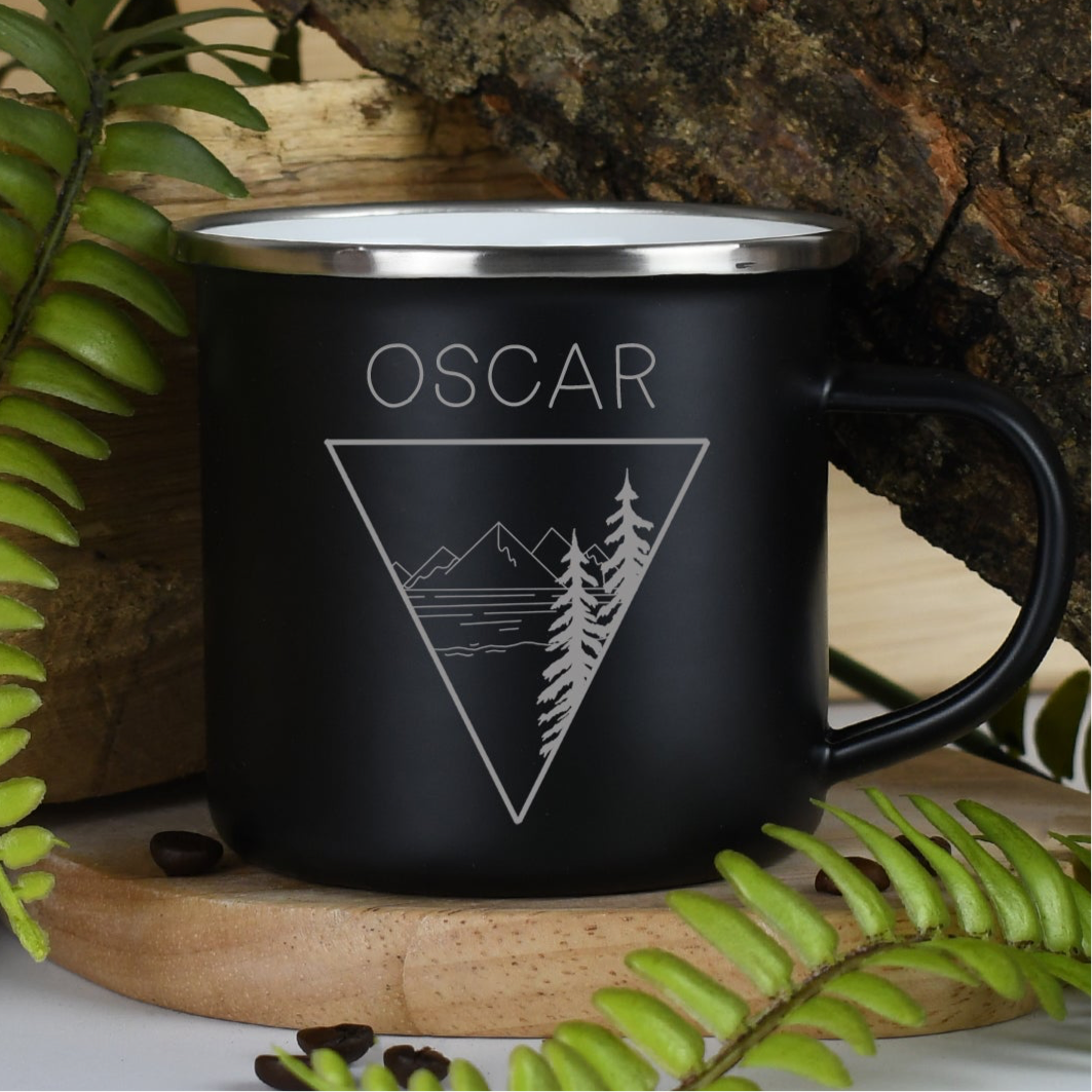 Personalised Mountain View Enamel Camping Mug - Black - Mugs