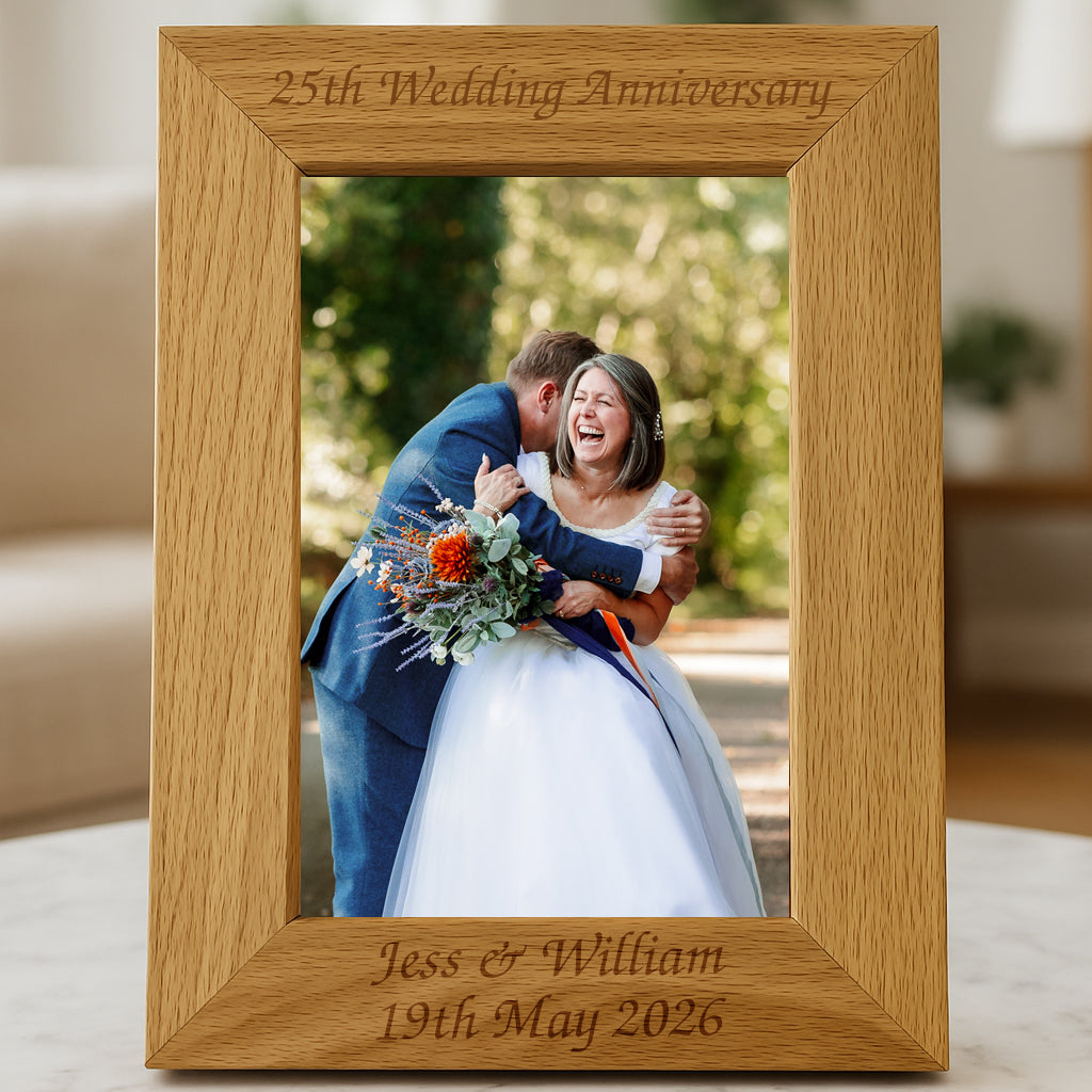 Personalised Wooden 25th Wedding Anniversary Photo Frame - 4x6 Portrait - Photo Frames
