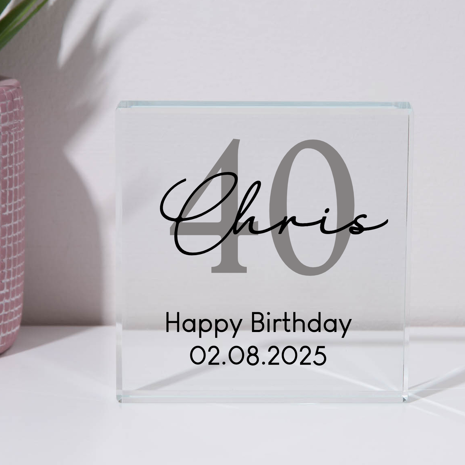 Personalised 40th Birthday Name Glass Square Block - Glass Block