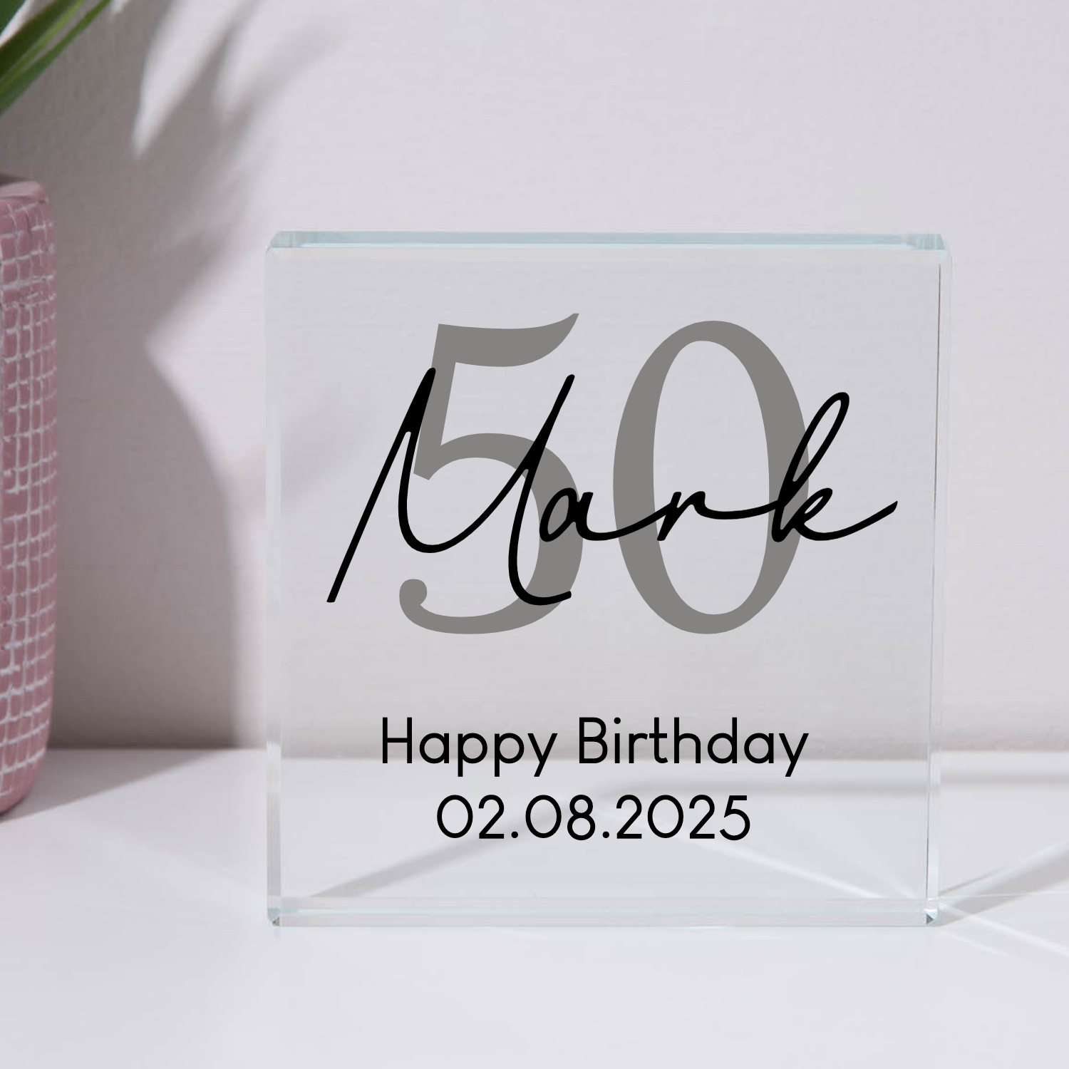 Personalised 50th Birthday Name Glass Square Block - Glass Block