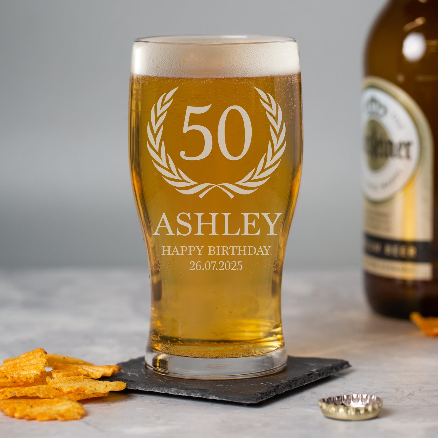 Personalised 50th Birthday Crest Tulip Pint Glass - Beer Glasses
