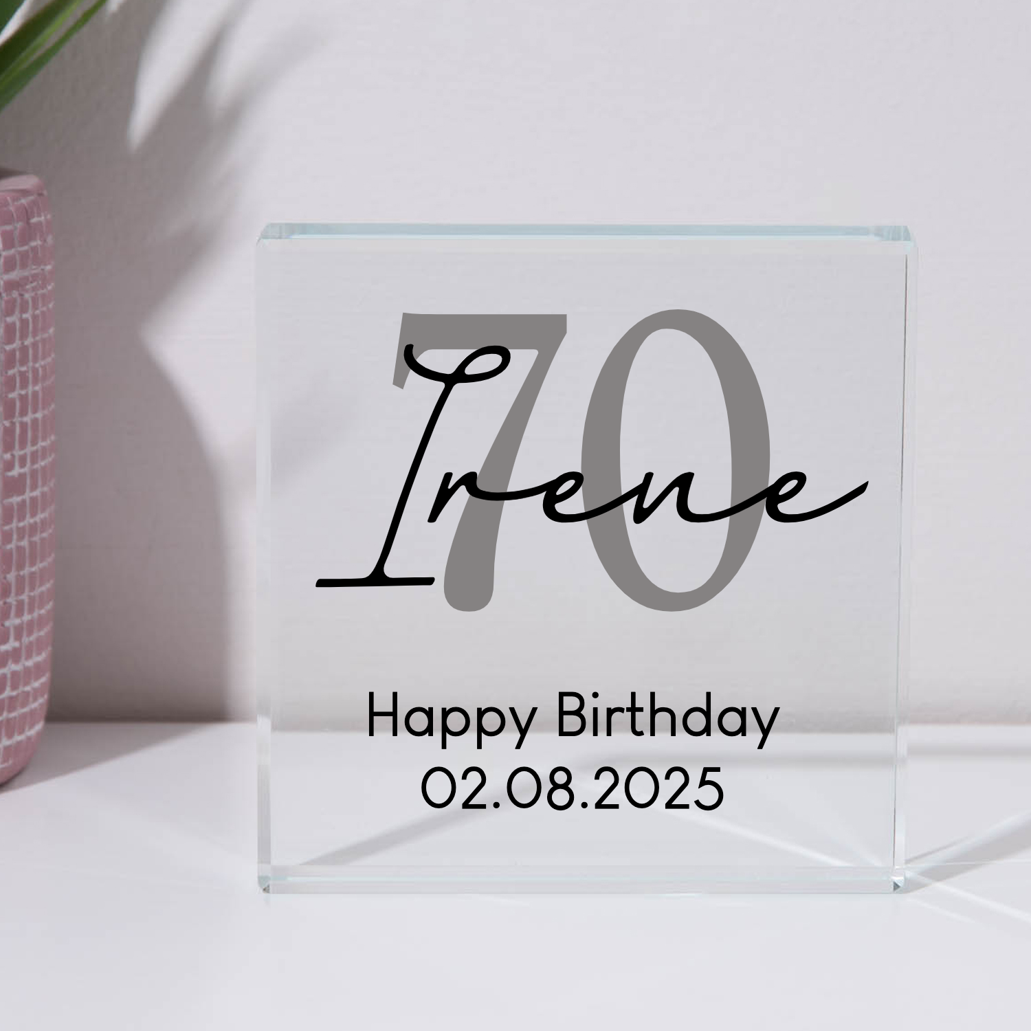 Personalised 70th Birthday Name Glass Square Block - Glass Block
