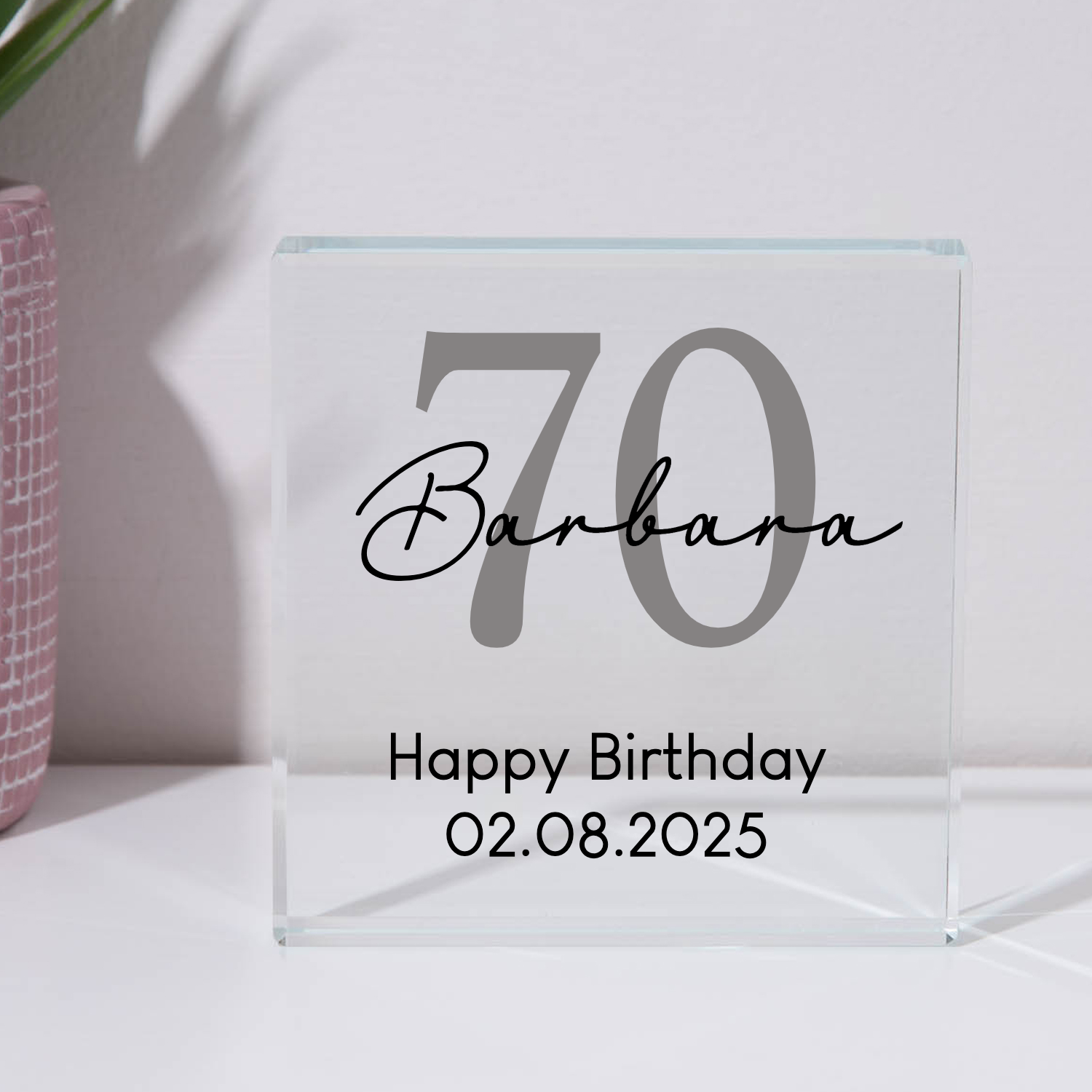 Personalised 70th Birthday Name Glass Square Block - Glass Block