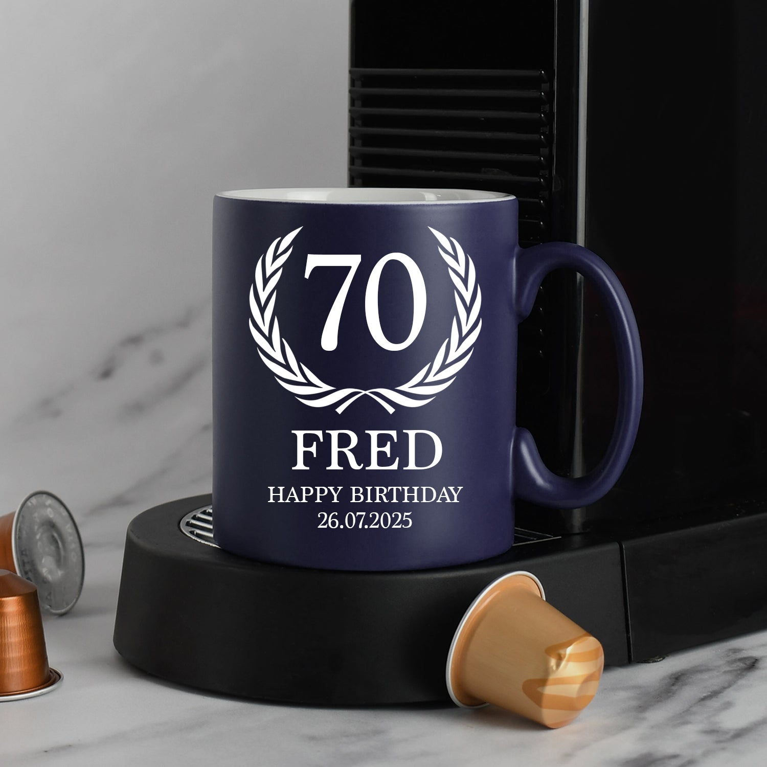 Personalised 70th Birthday Crest Mug - Dark Blue - Mugs