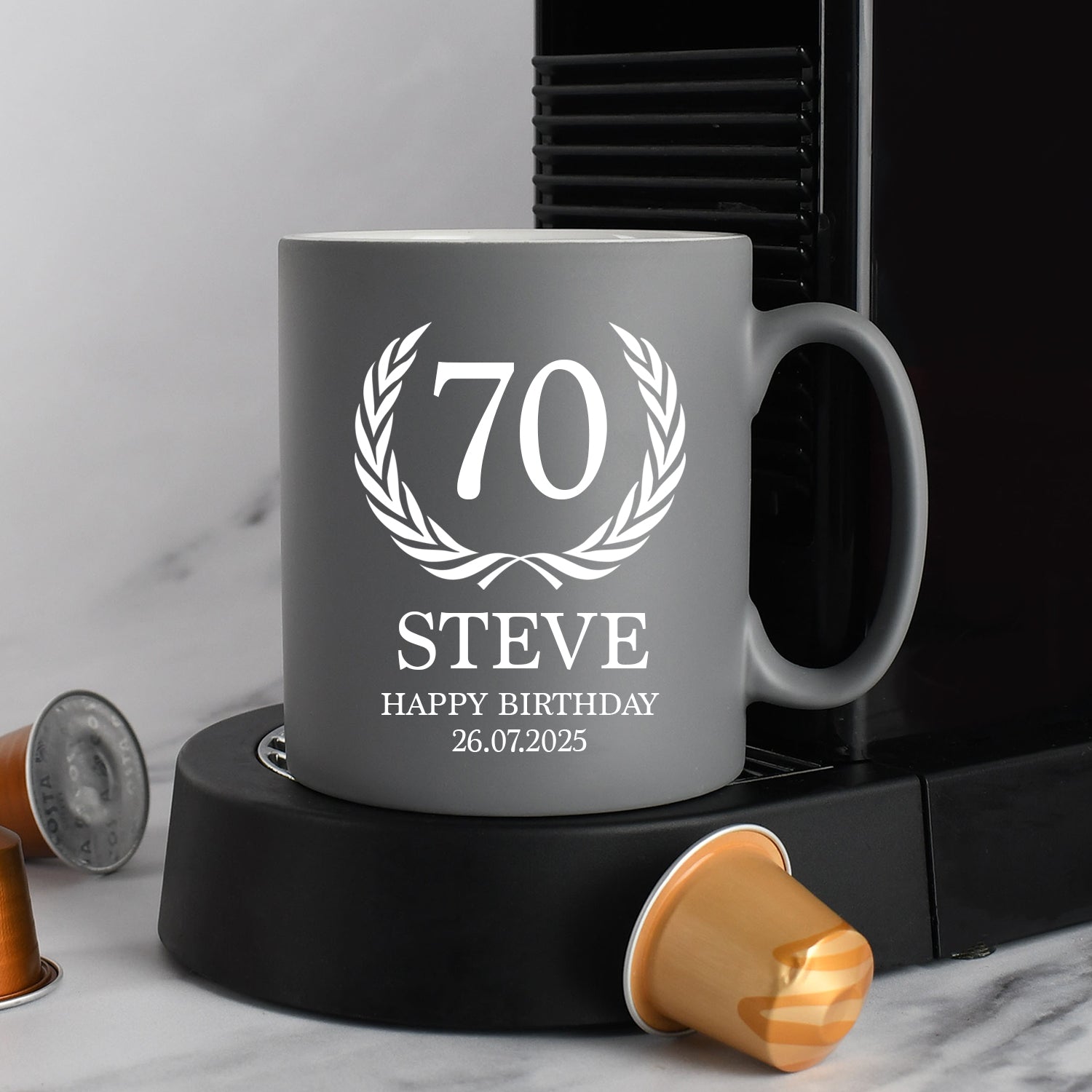Personalised 70th Birthday Crest Mug - Grey - Mugs