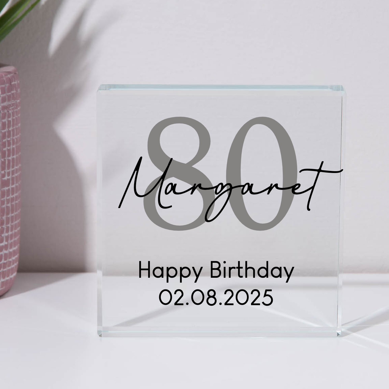 Personalised 80th Birthday Name Glass Square Block - Glass Block