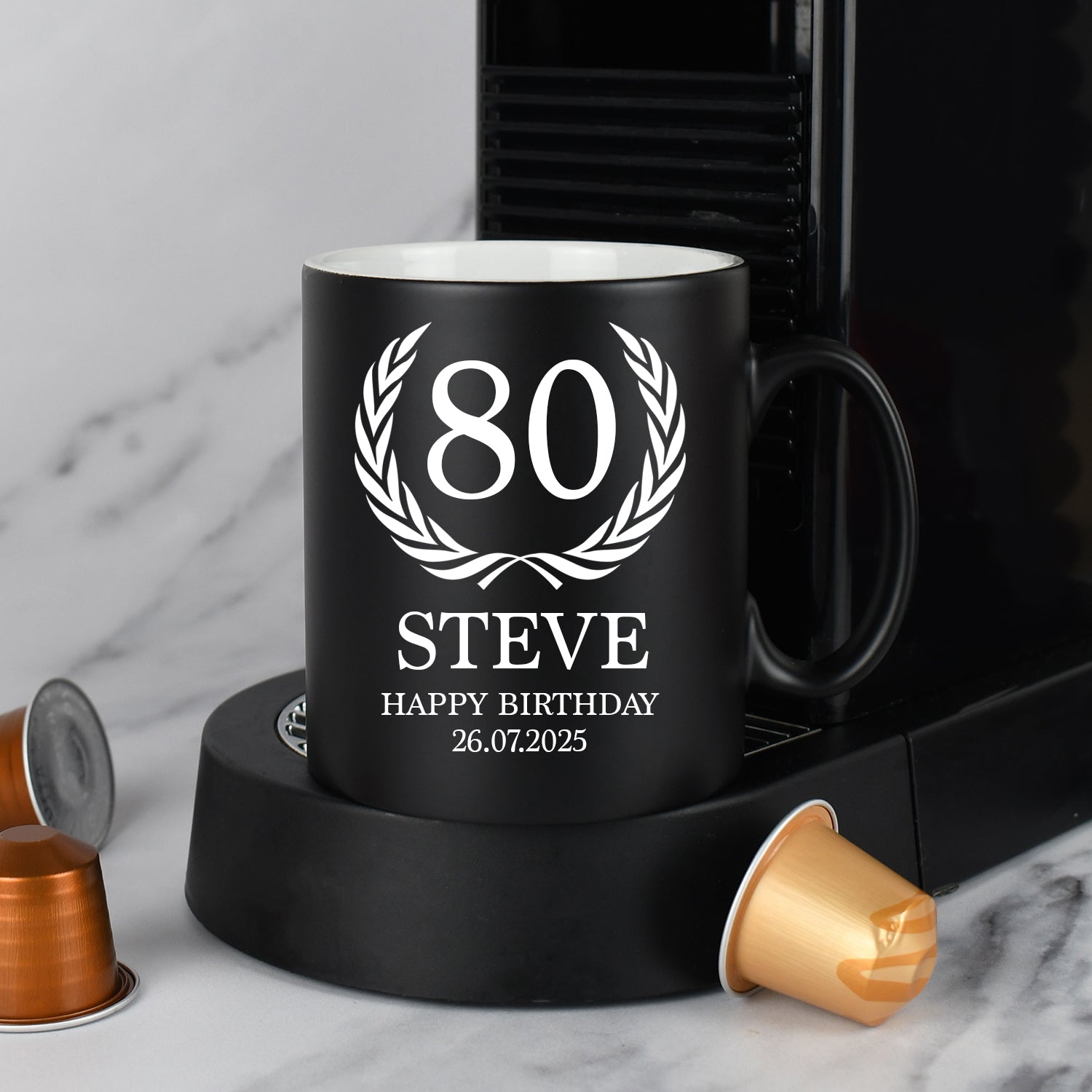 Personalised 80th Birthday Crest Mug - Black - Mugs