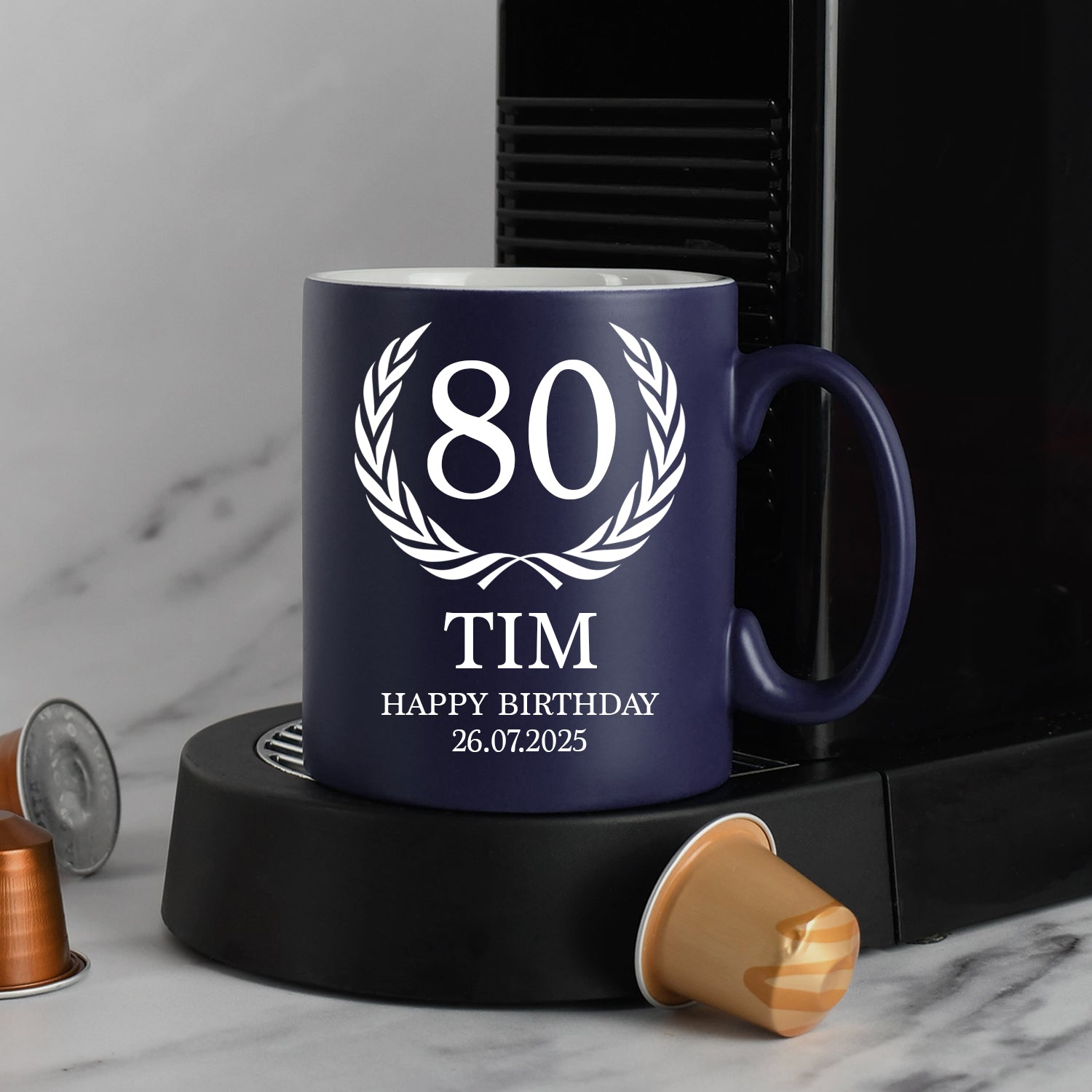 Personalised 80th Birthday Crest Mug - Dark Blue - Mugs