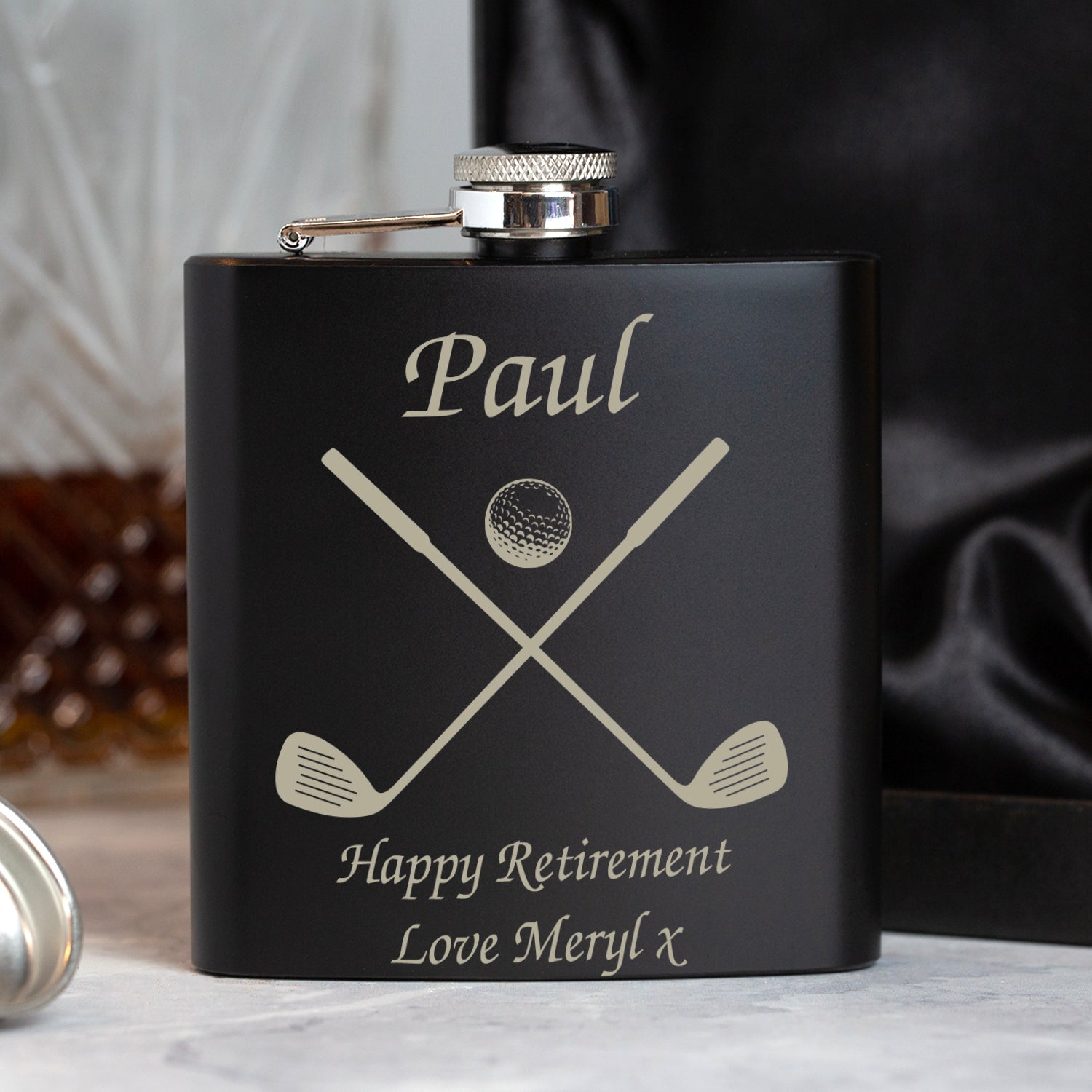Personalised Golf & Clubs 6oz Black Hip Flask - Hip Flasks
