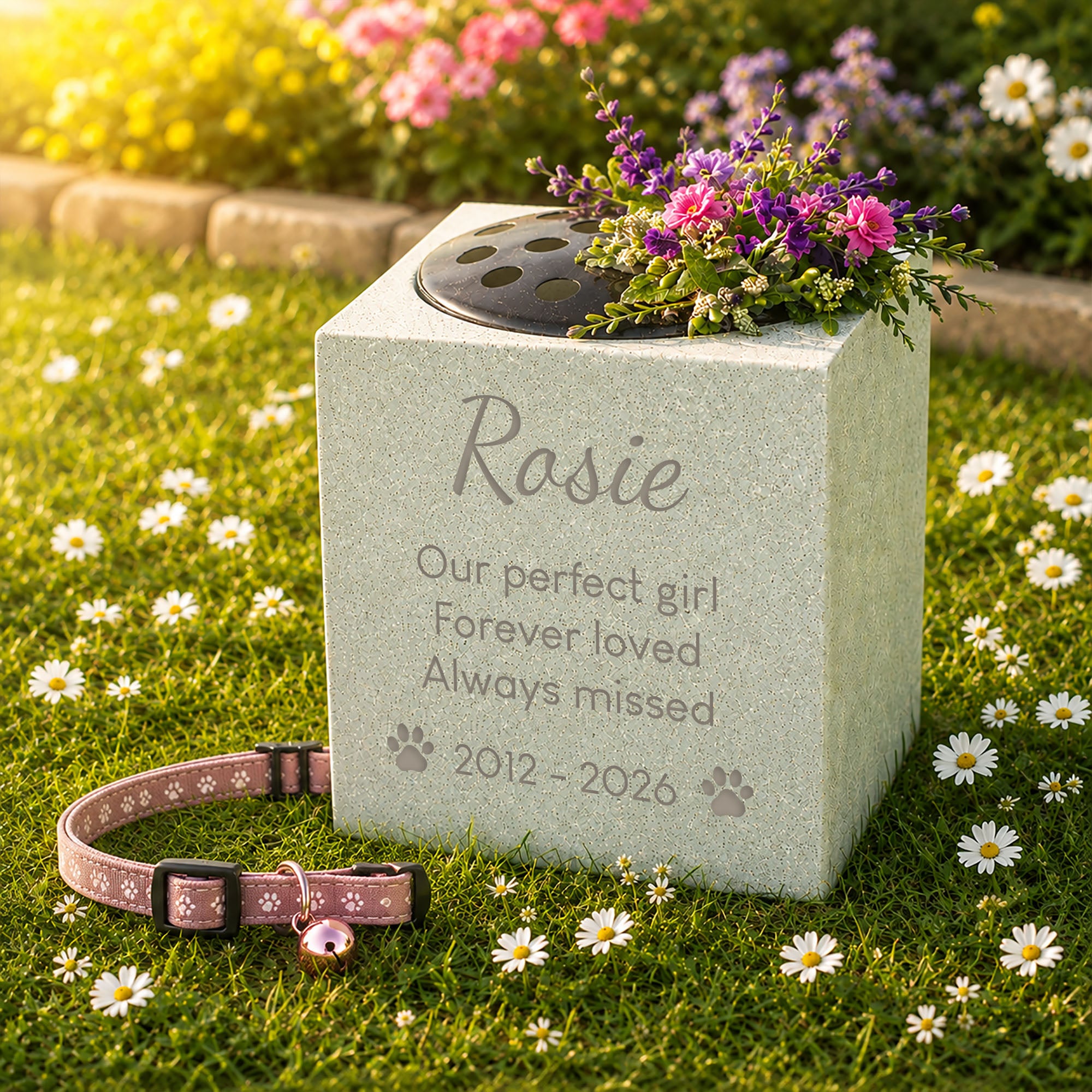 Cat memorial flower vase engraved with paw prints, planted with flowers in a garden