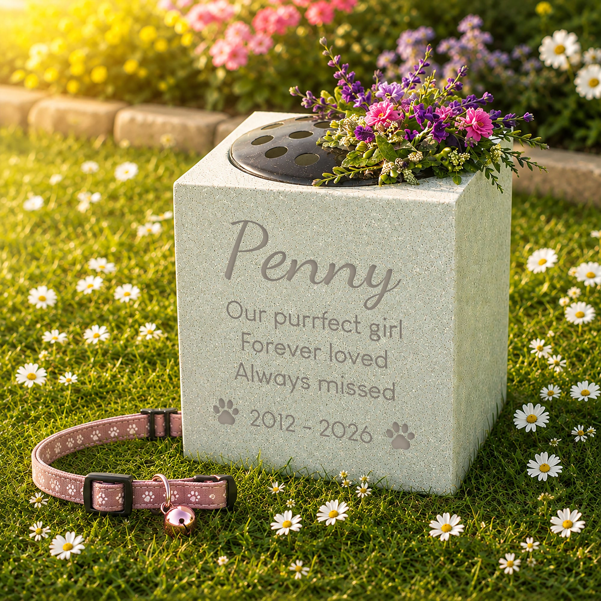 Personalised cat memorial flower vase engraved with a pet name, message, paw prints and dates