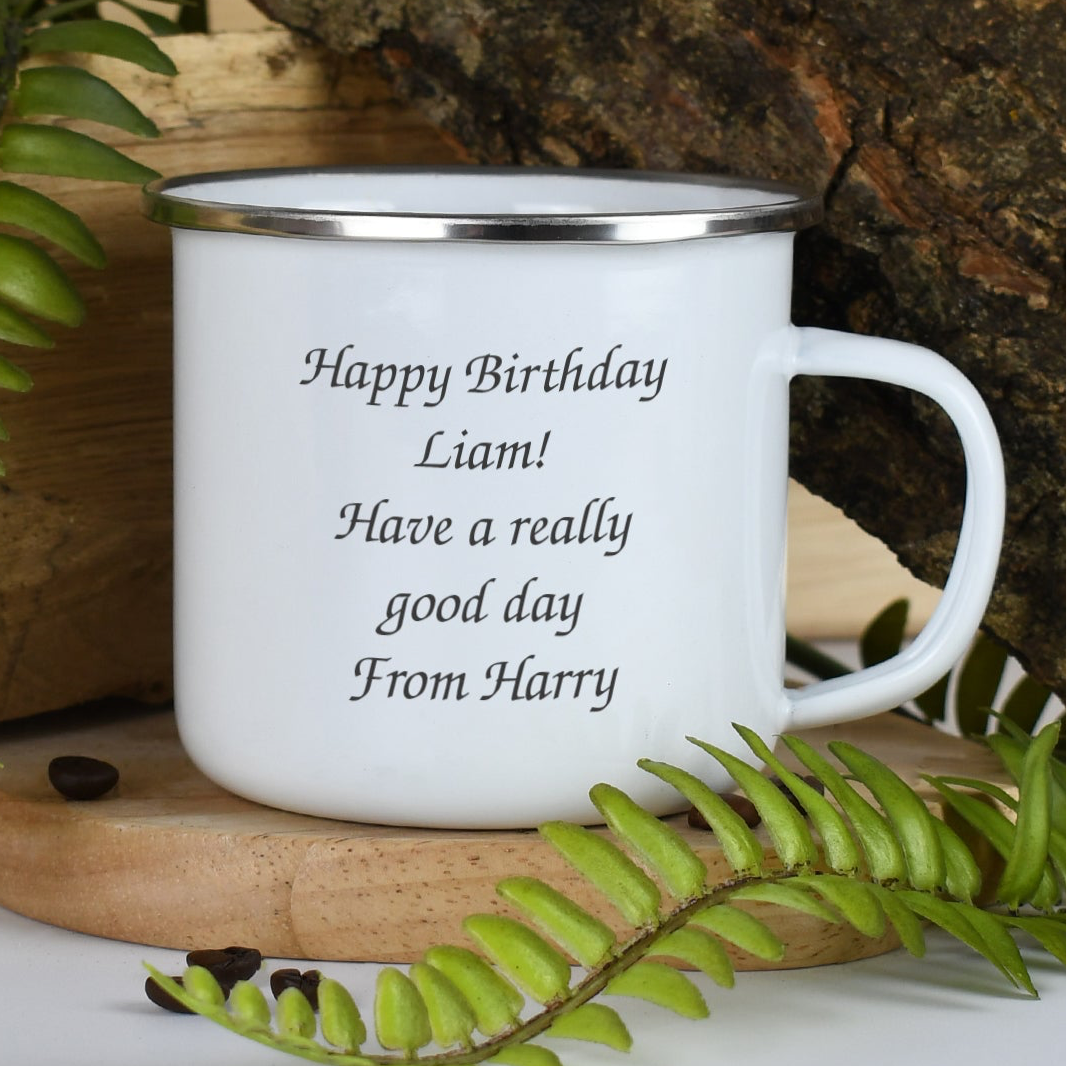 Personalised Any Message Enamel Camping Mug - White - Mugs