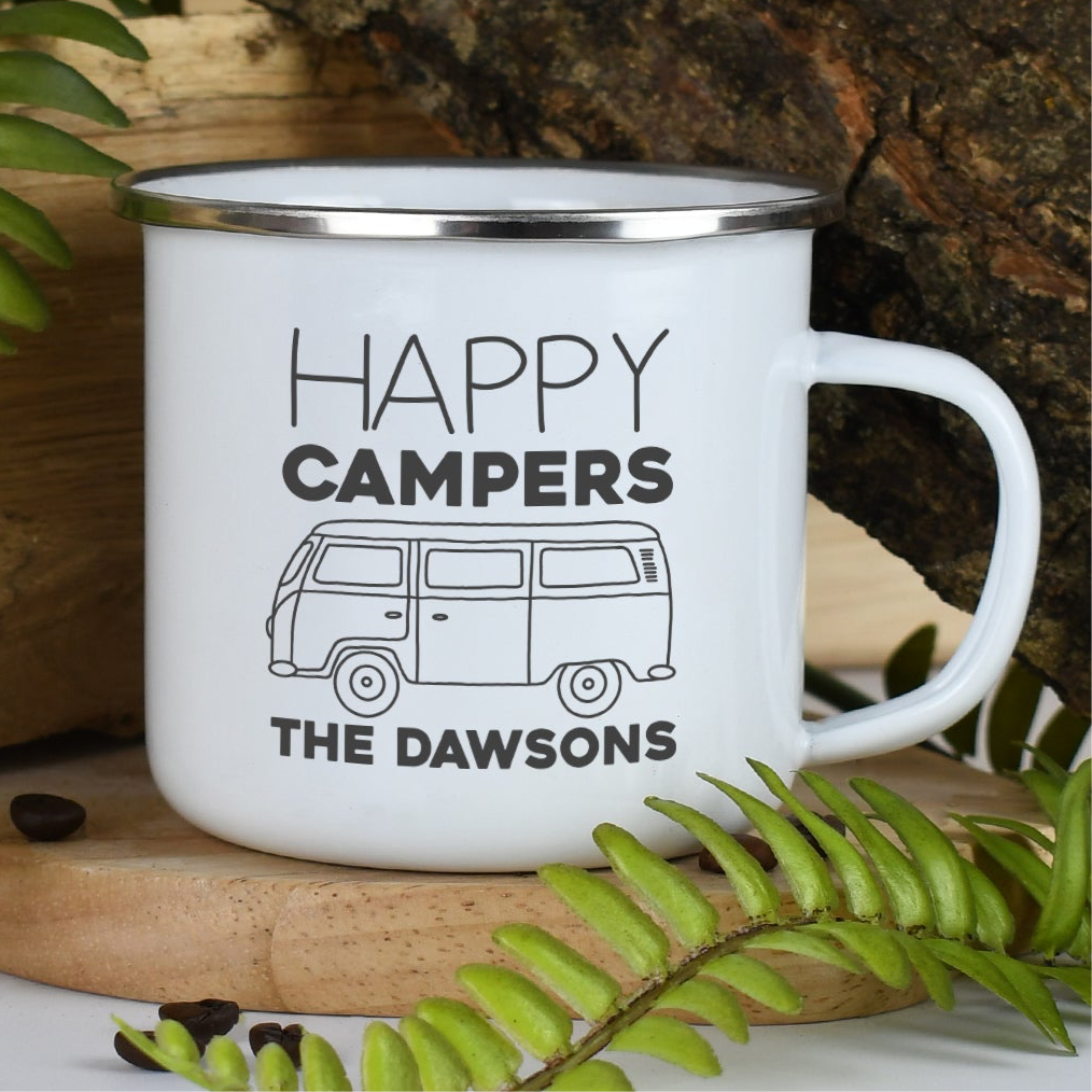 Personalised Happy Campers Enamel Camping Mug - White - Mugs
