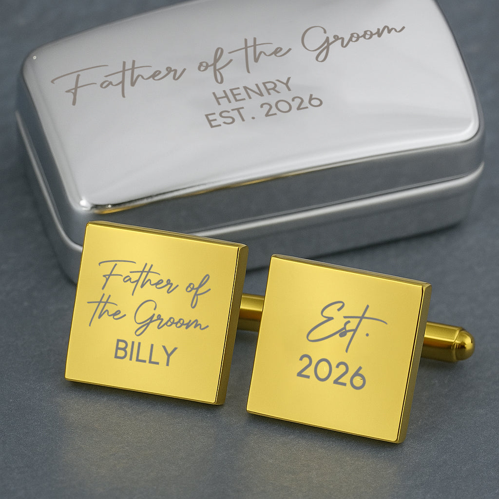 Personalised Father Of The Groom Cufflinks & Gift Box - Gold Plated Square - Cufflinks