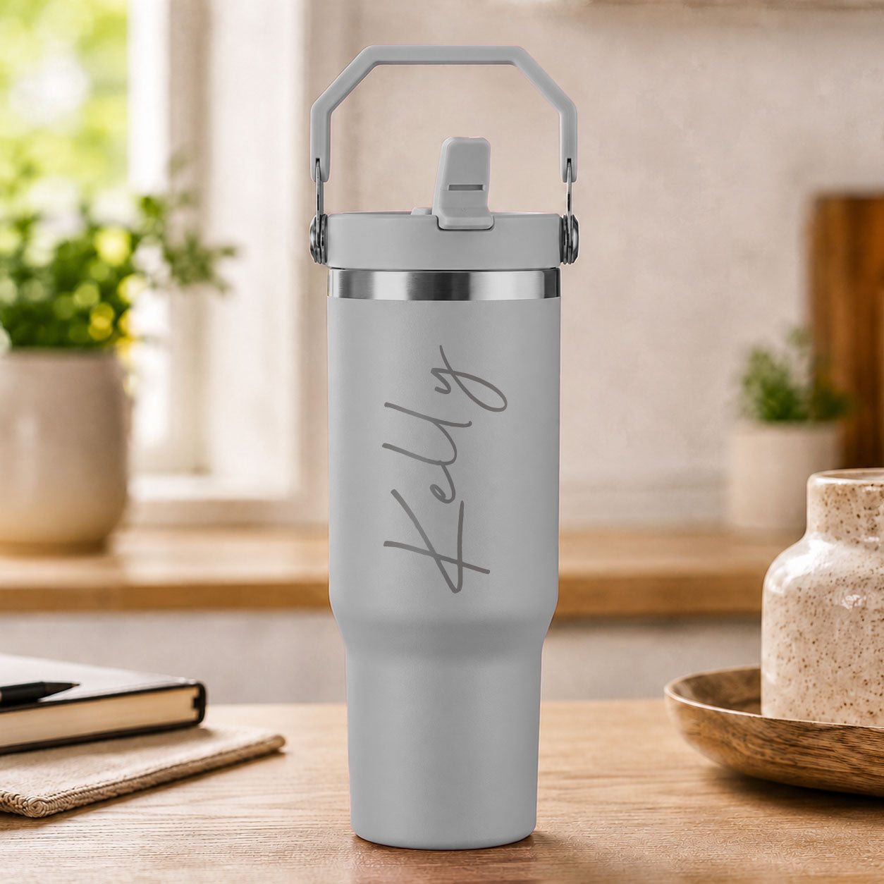 Personalised grey insulated travel cup with large engraved name and flip straw
