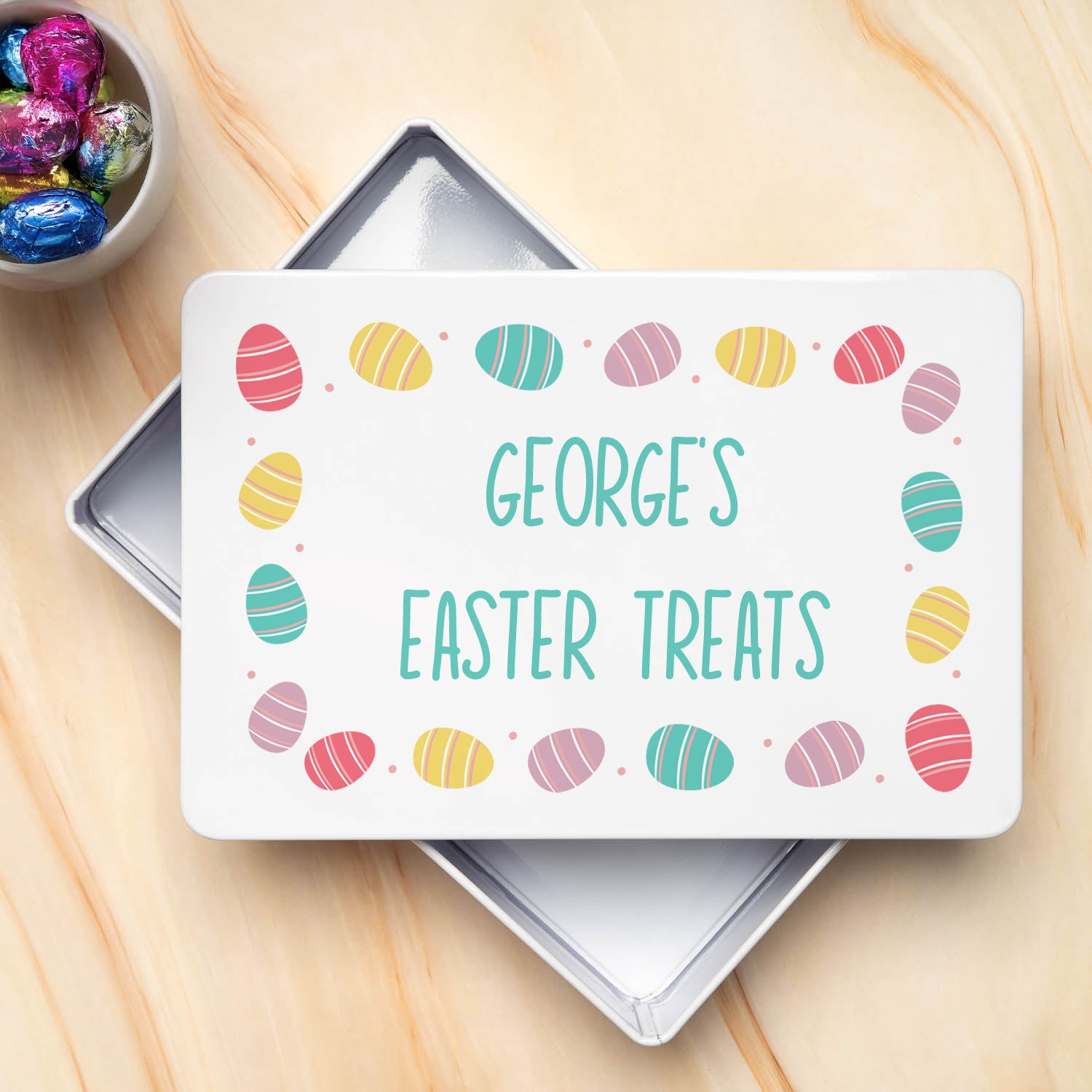 Personalised Easter Treats Chocolate White Metal Storage Tin - Storage Tin
