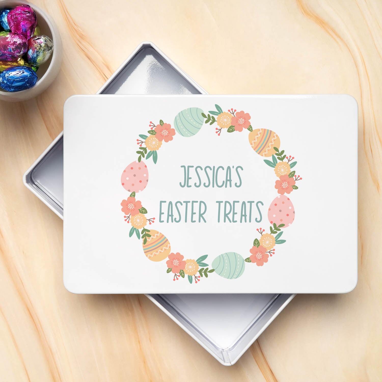 Personalised Floral Easter Chocolate White Metal Storage Tin - Storage Tin