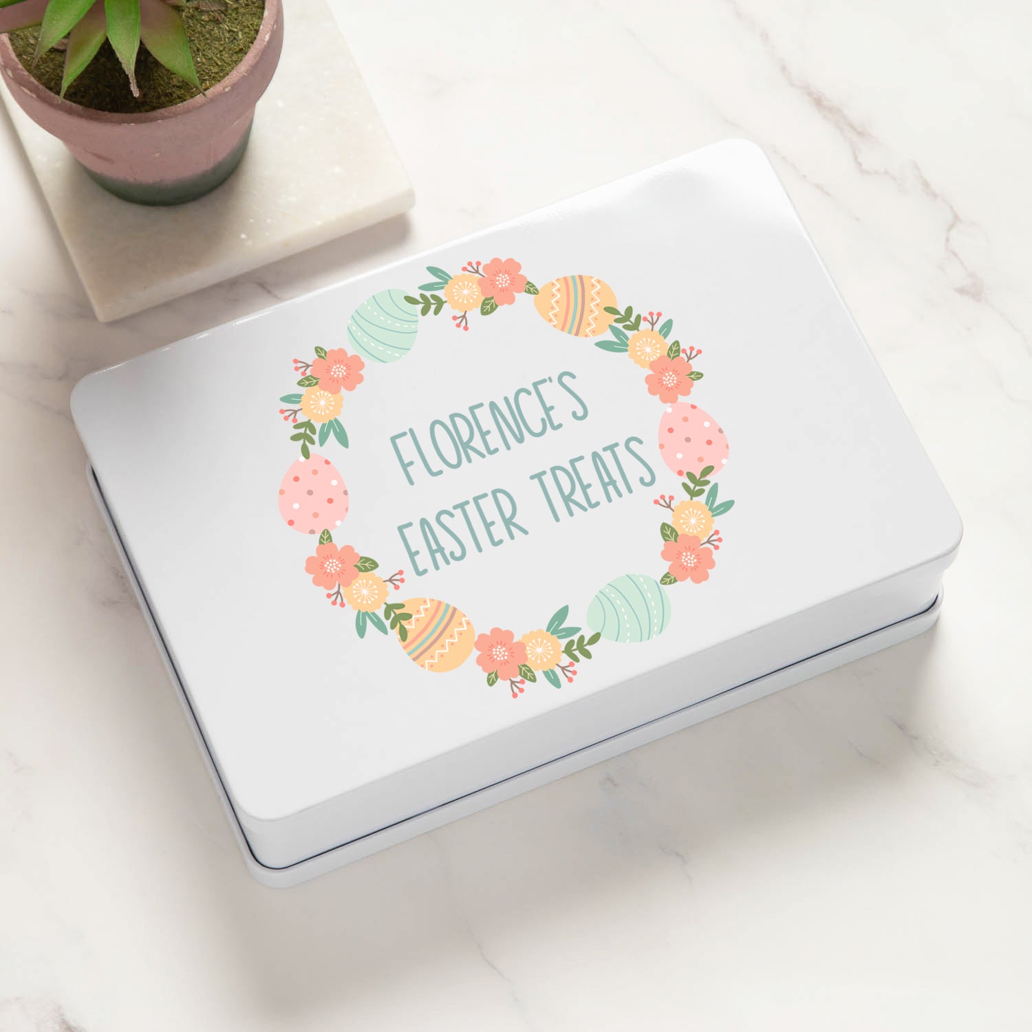 Personalised Floral Easter Chocolate White Metal Storage Tin - Storage Tin