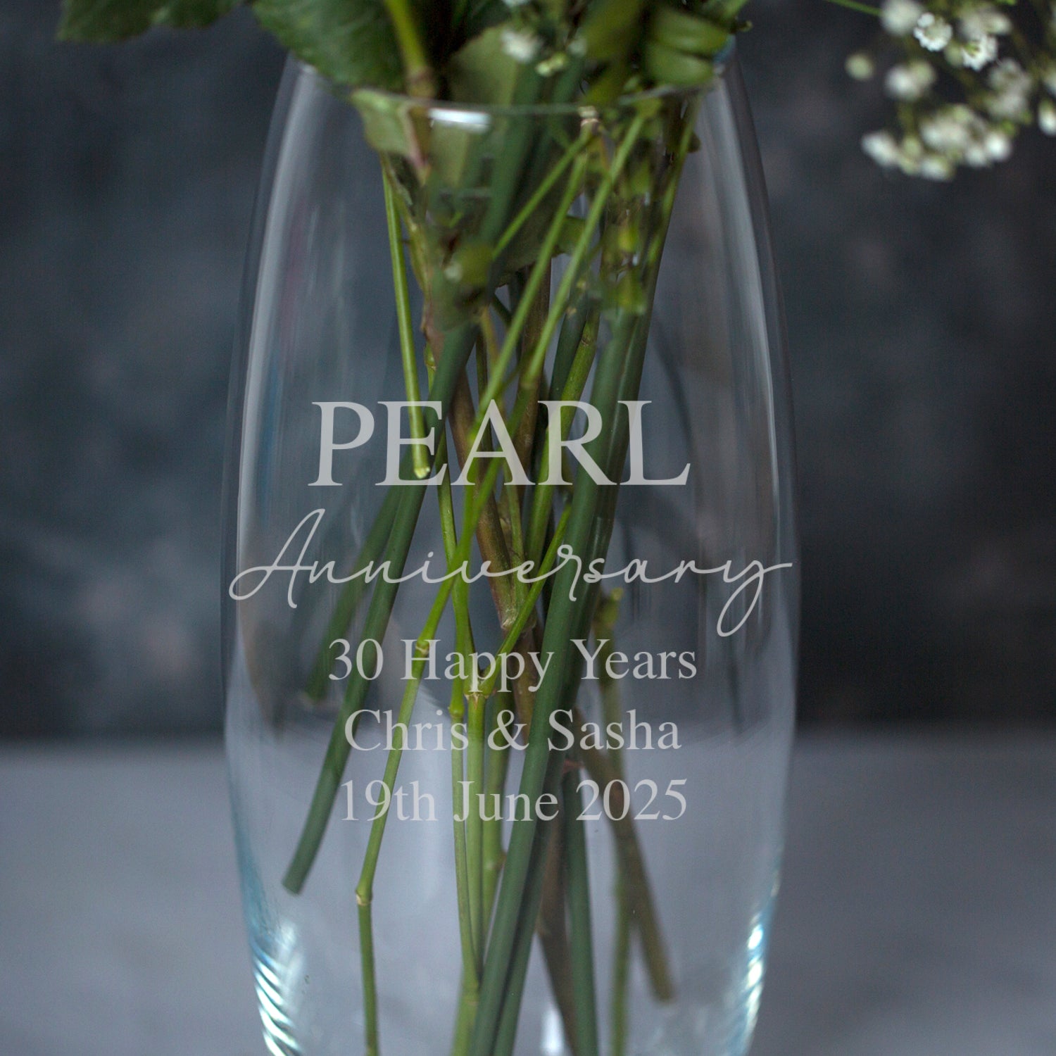 Personalised Glass Bullet Vase – Engraved 30th Pearl Anniversary Gift