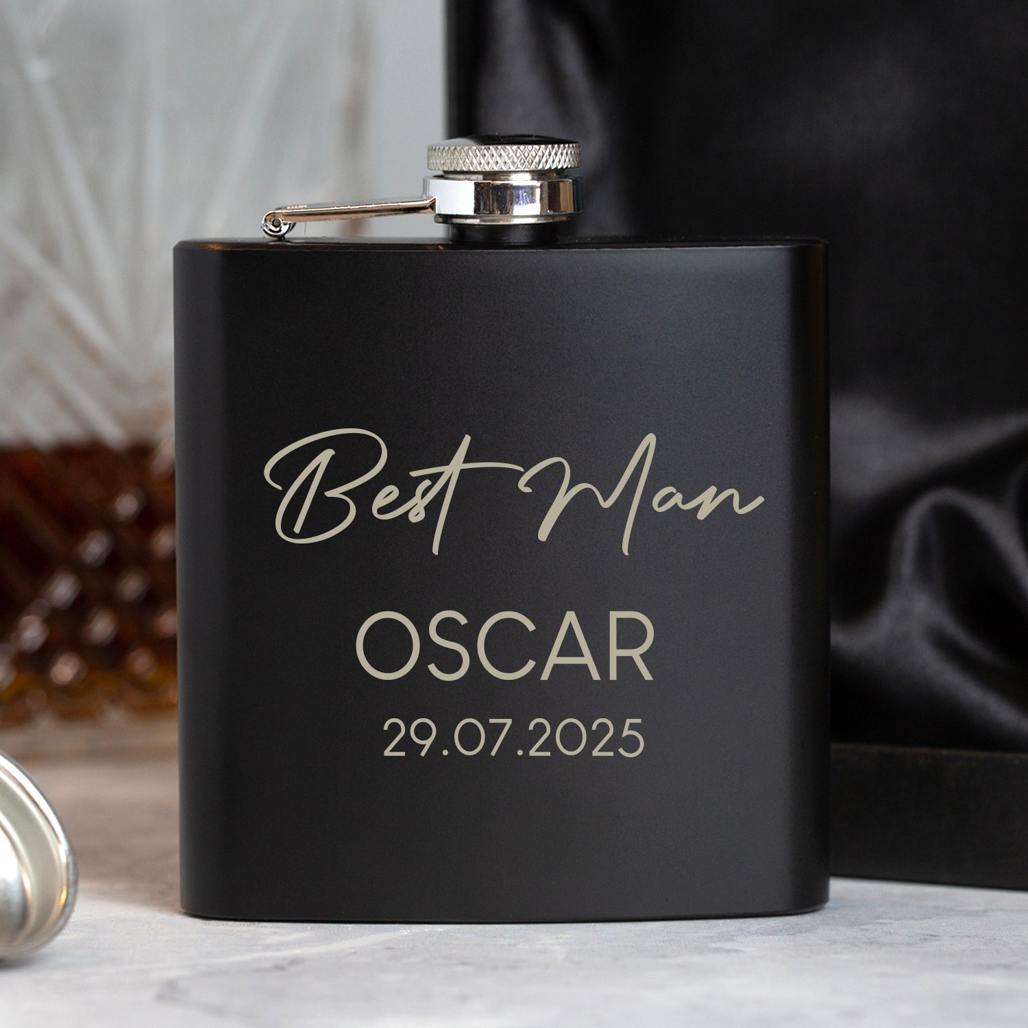 Personalised 6oz Black Best Man Script Wedding Hip Flask - Hip Flasks
