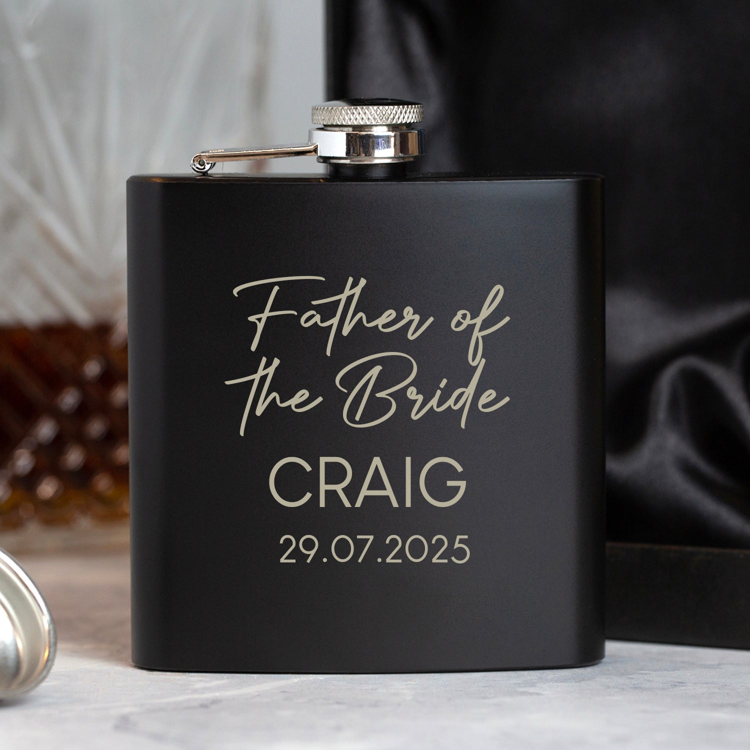 Personalised 6oz Black Father of the Bride Script Wedding Hip Flask - Hip Flasks