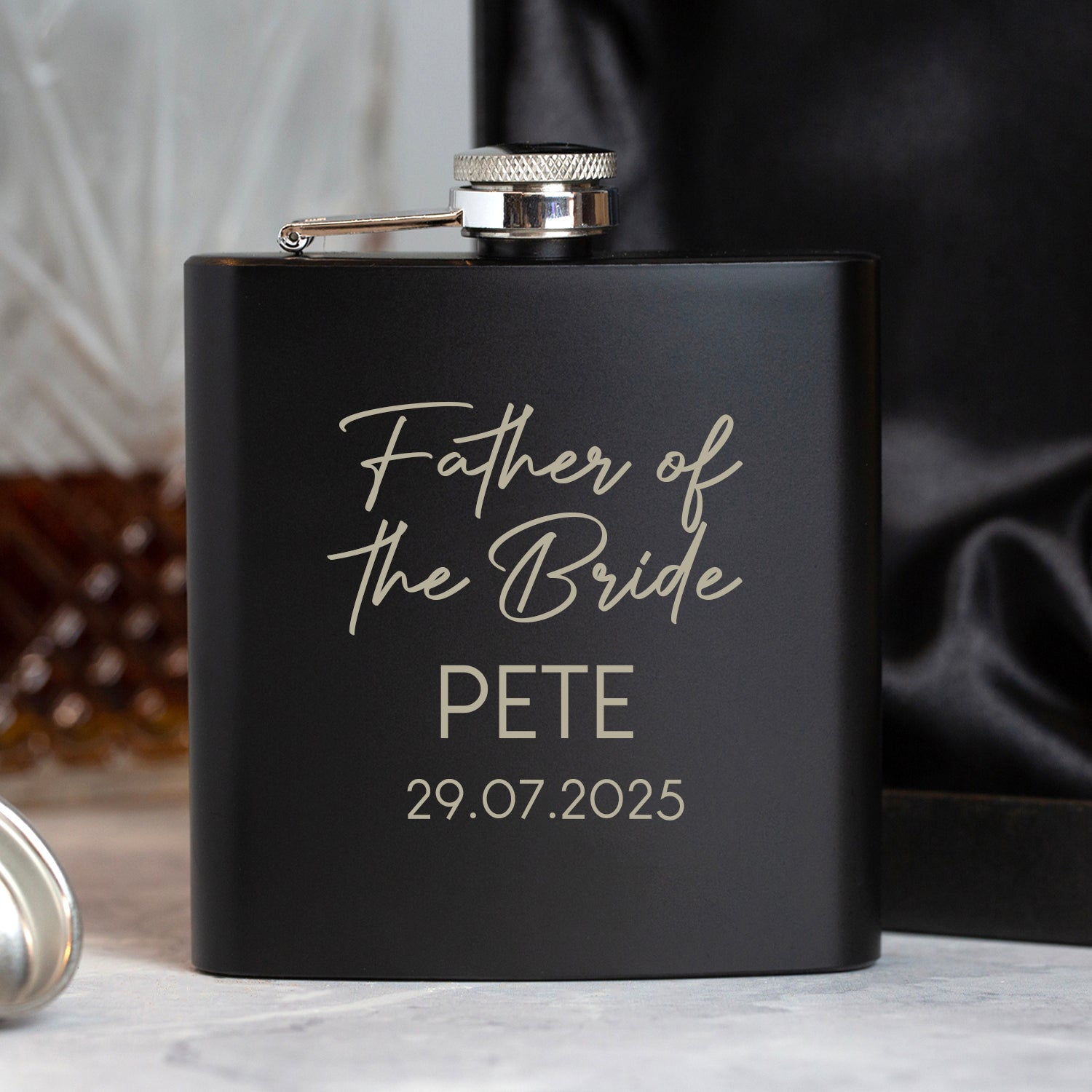 Personalised 6oz Black Father of the Bride Script Wedding Hip Flask - Hip Flasks