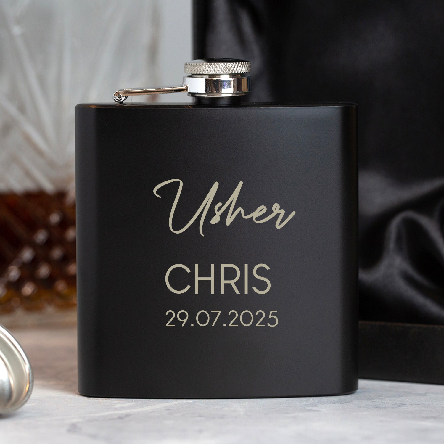 Personalised 6oz Black Usher Script Wedding Hip Flask - Hip Flasks