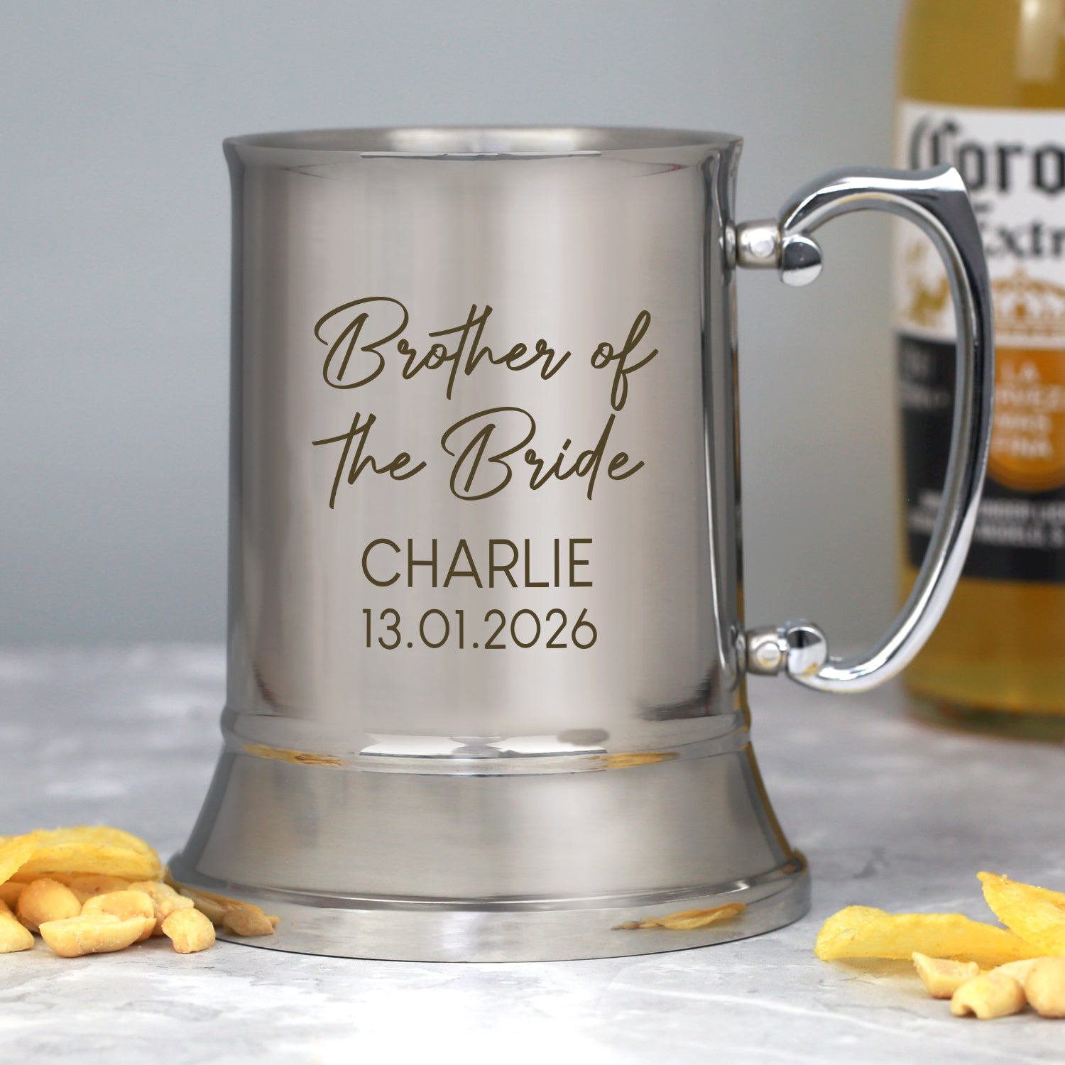 Personalised Brother of the Bride Script Wedding Silver Stainless Steel Tankard - Stainless Steel Tankards