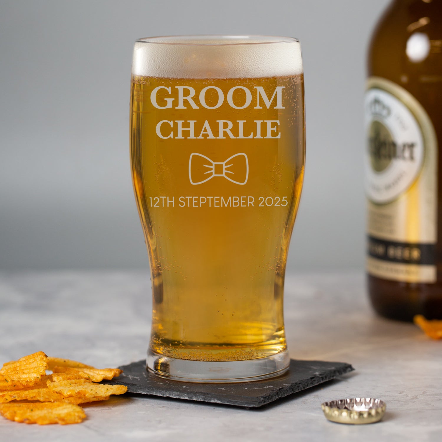 Personalised Groom Bow Tie Tulip Pint Glass - Beer Glasses