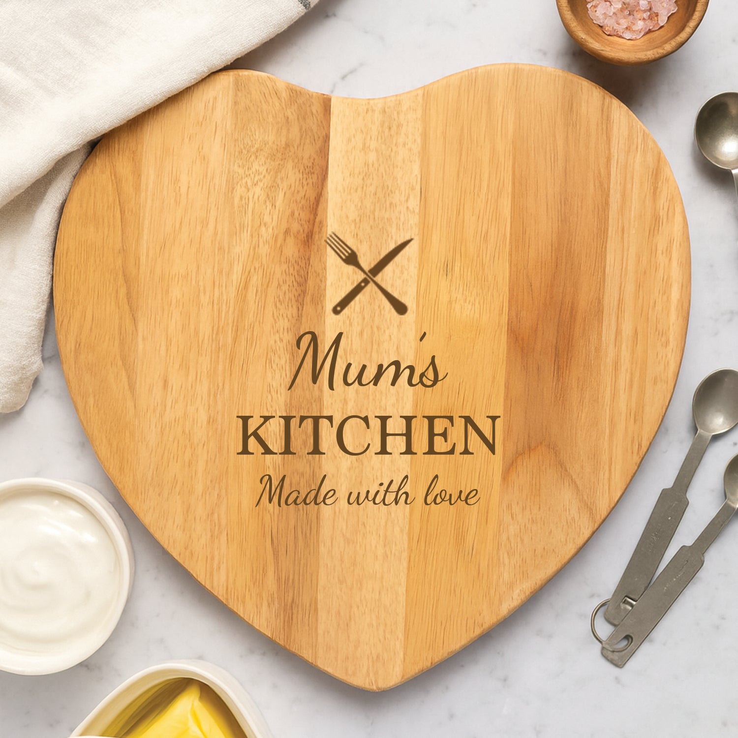 Personalised Knife & Fork Heart Wooden Chopping Board - Chopping Boards