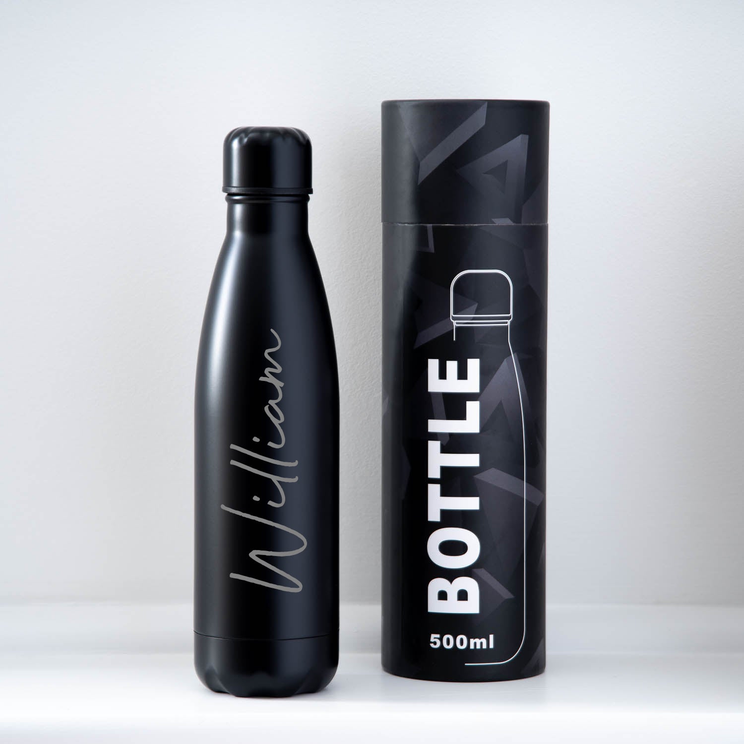 Personalised Thermos Water Bottle | Double-Wall Engraved Name 11 Colours - Gift Box Tube / Black - Thermos Water Bottles