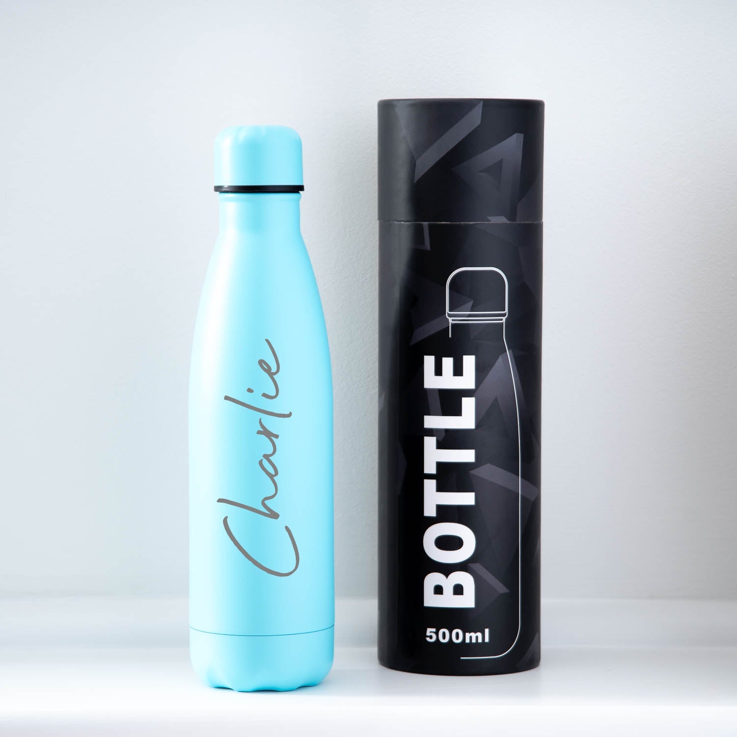 Personalised Thermos Water Bottle | Double-Wall Engraved Name 11 Colours - Gift Box Tube / Light Blue - Thermos Water