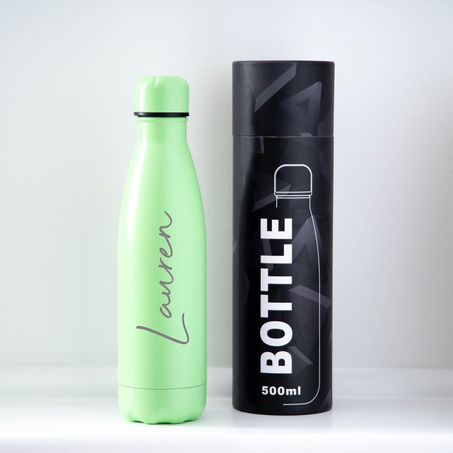 Personalised Thermos Water Bottle | Double-Wall Engraved Name 11 Colours - Gift Box Tube / Light Green - Thermos Water