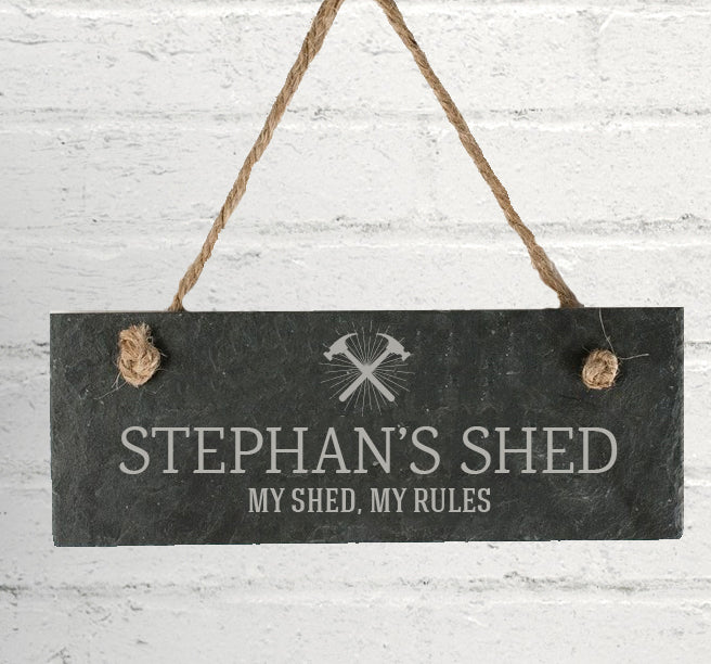 Personalised Shed Slate Sign | Engraved Hammer Design