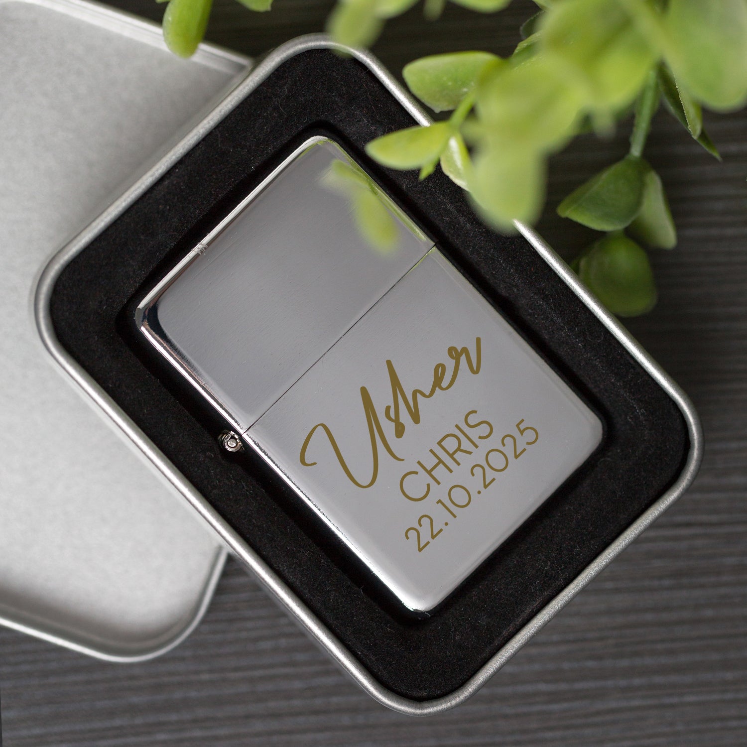 Personalised Usher Silver Script Wedding Lighter & Gift Box - Lighters