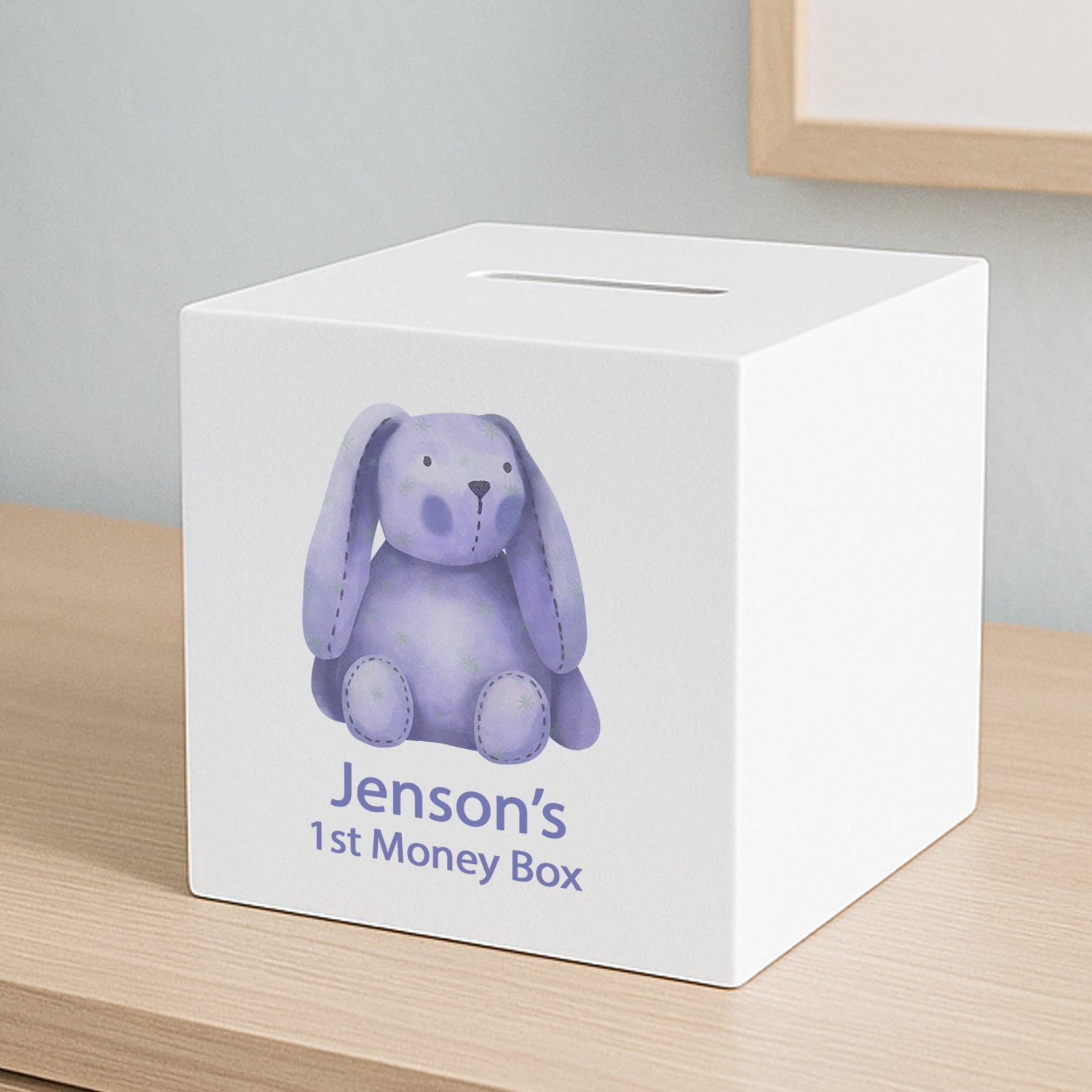 Personalised Blue Bunny Baby’s First Wooden Money Box - Money Boxes