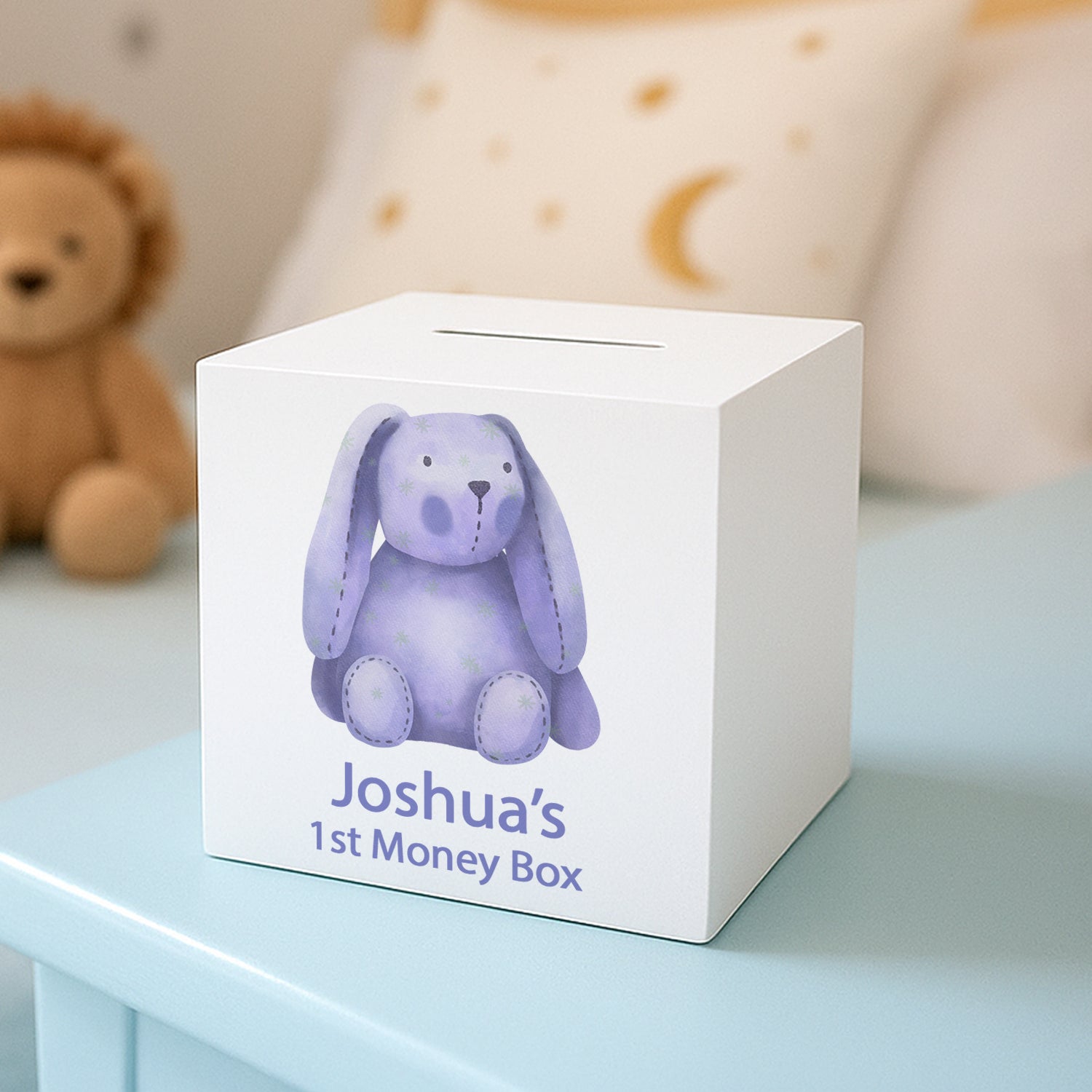 Personalised Blue Bunny Baby’s First Wooden Money Box - Money Boxes