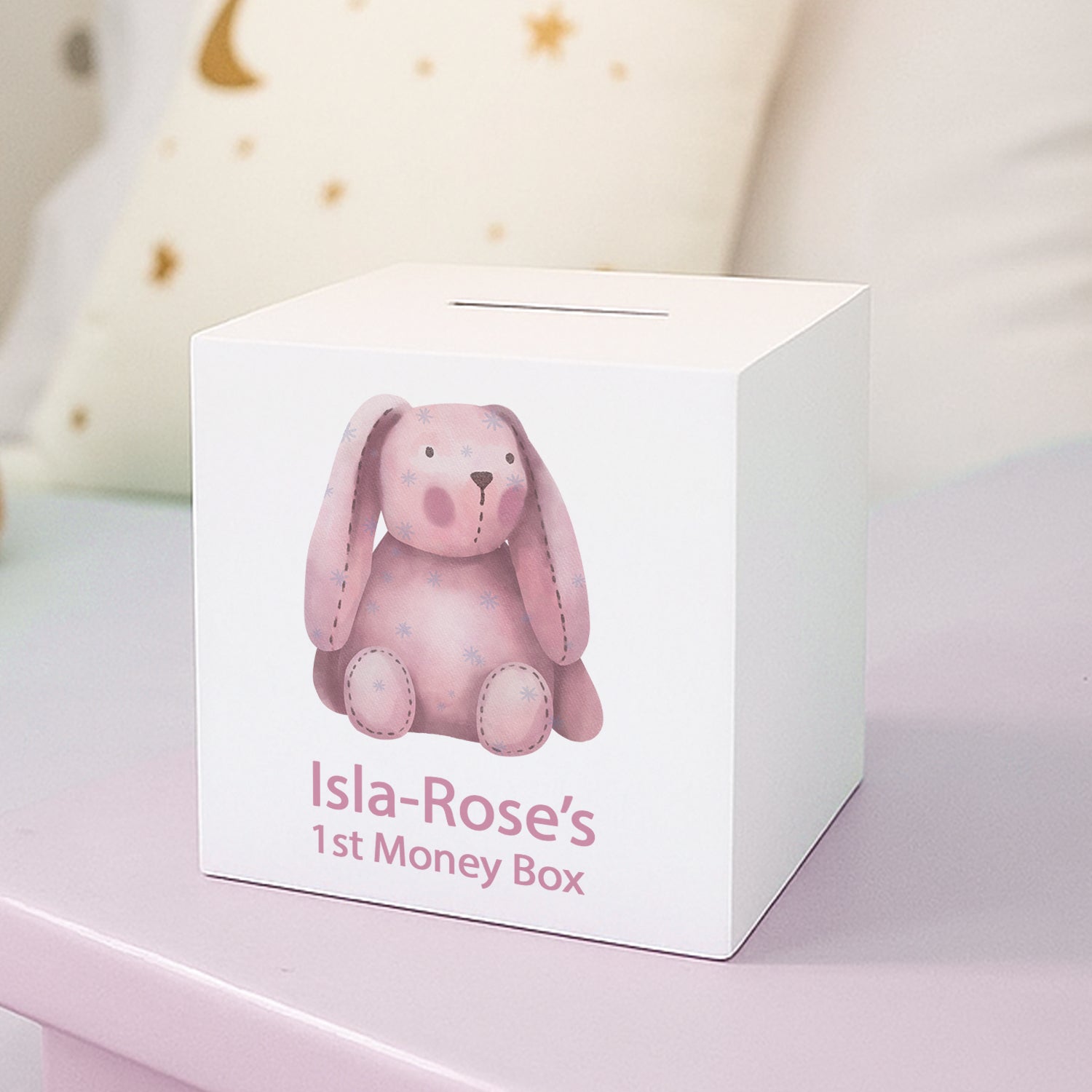Personalised Pink Bunny Baby’s First Wooden Money Box - Money Boxes