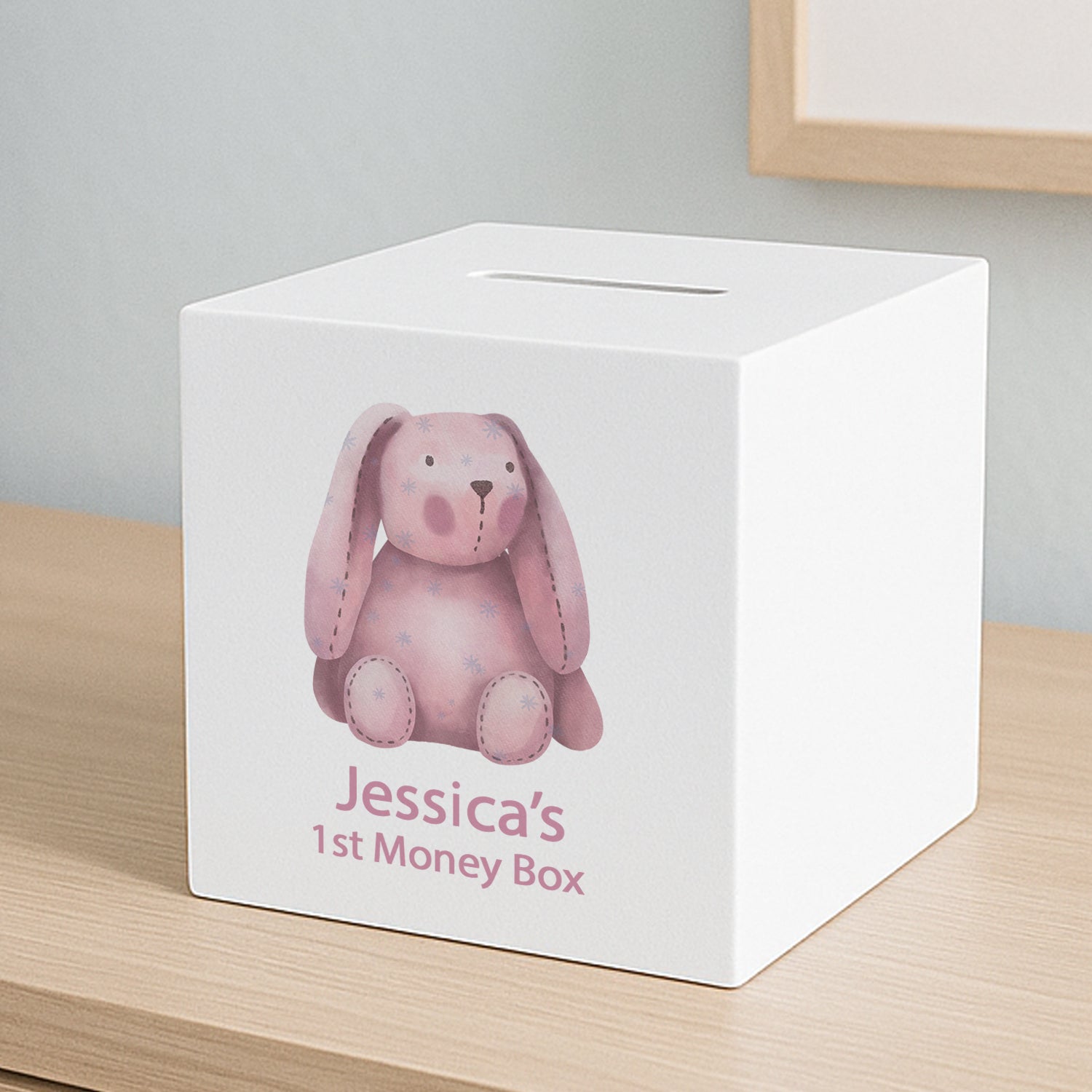 Personalised Pink Bunny Baby’s First Wooden Money Box - Money Boxes