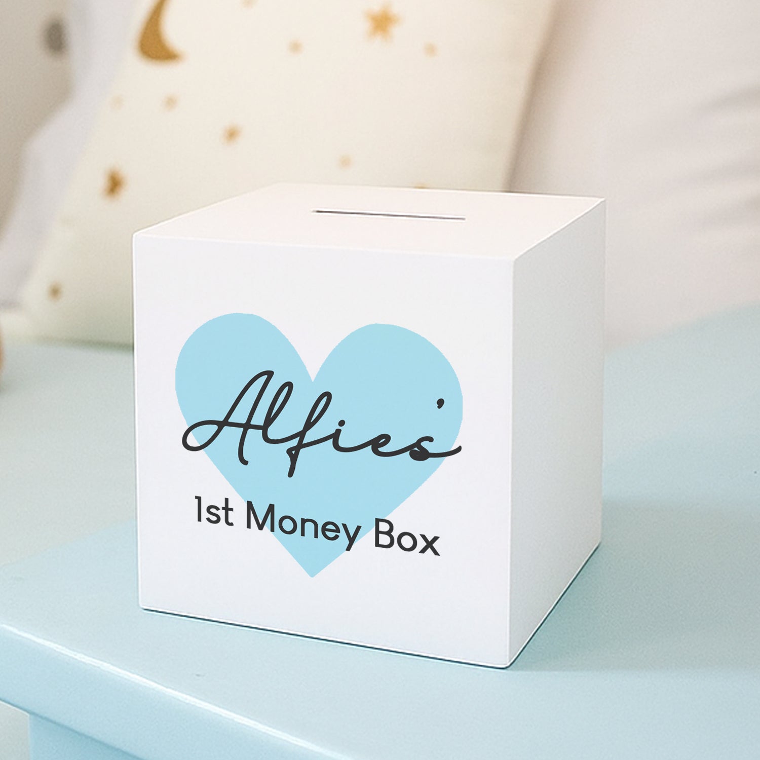 Personalised Blue Heart Wooden Money Box - Money Boxes