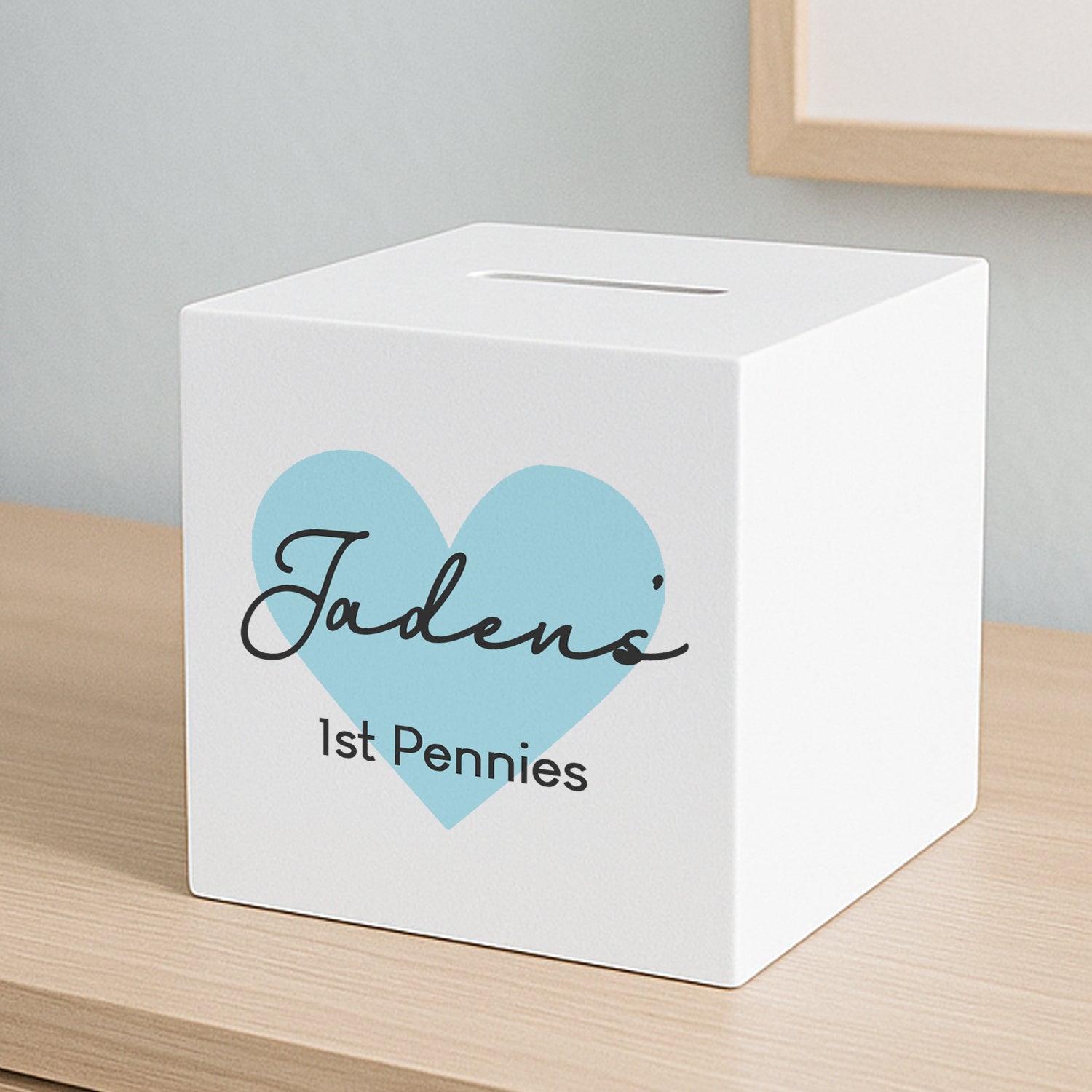 Personalised Blue Heart Wooden Money Box - Money Boxes