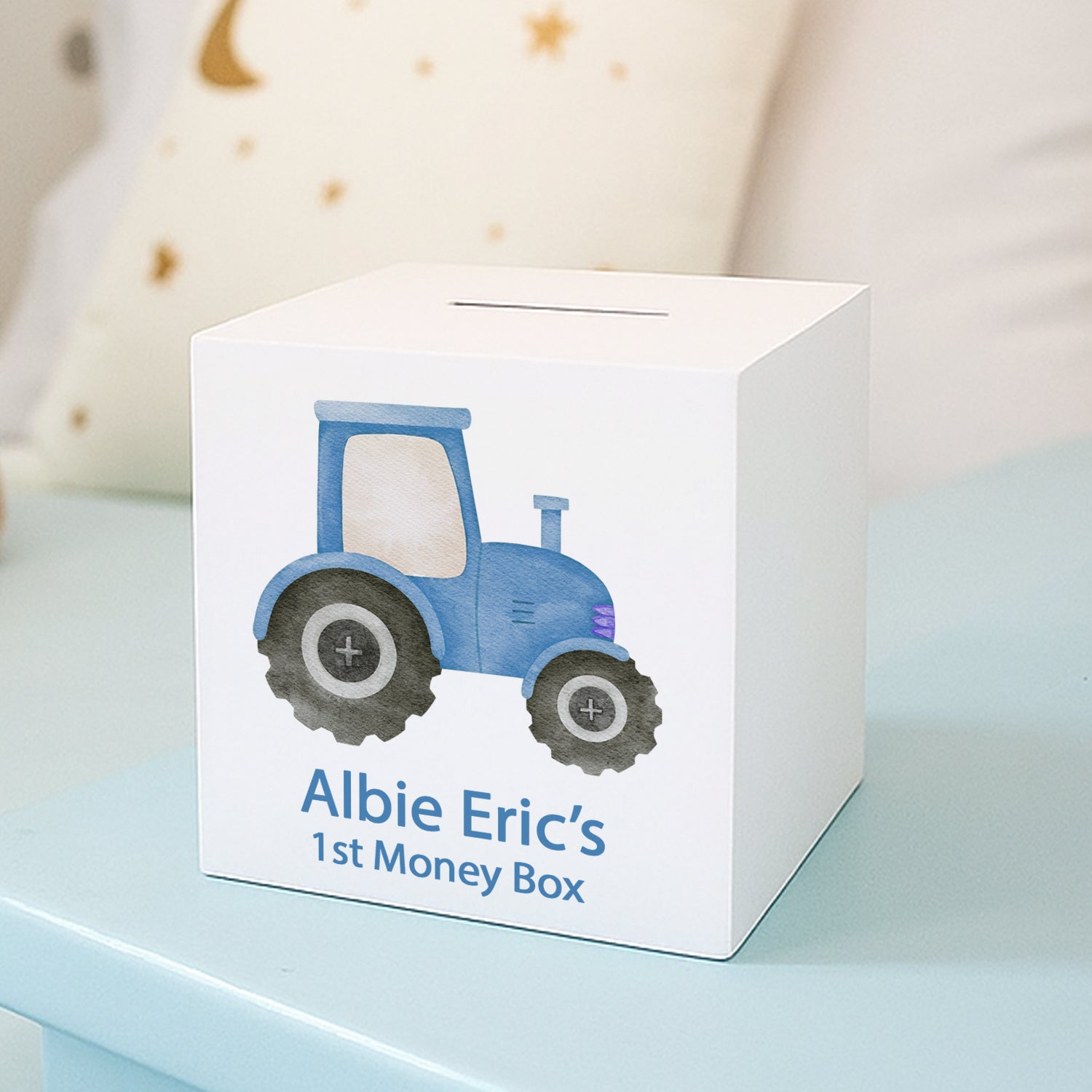 Personalised Blue Tractor Wooden Money Box - Money Boxes