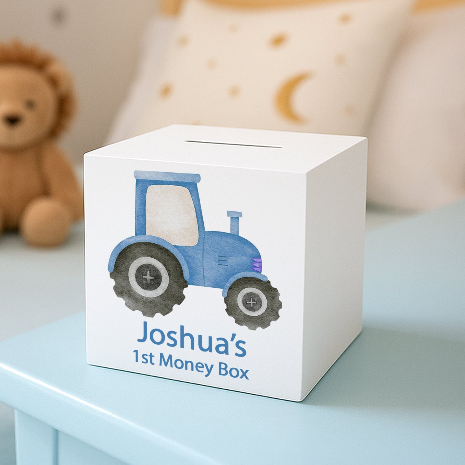 Personalised Blue Tractor Wooden Money Box - Money Boxes