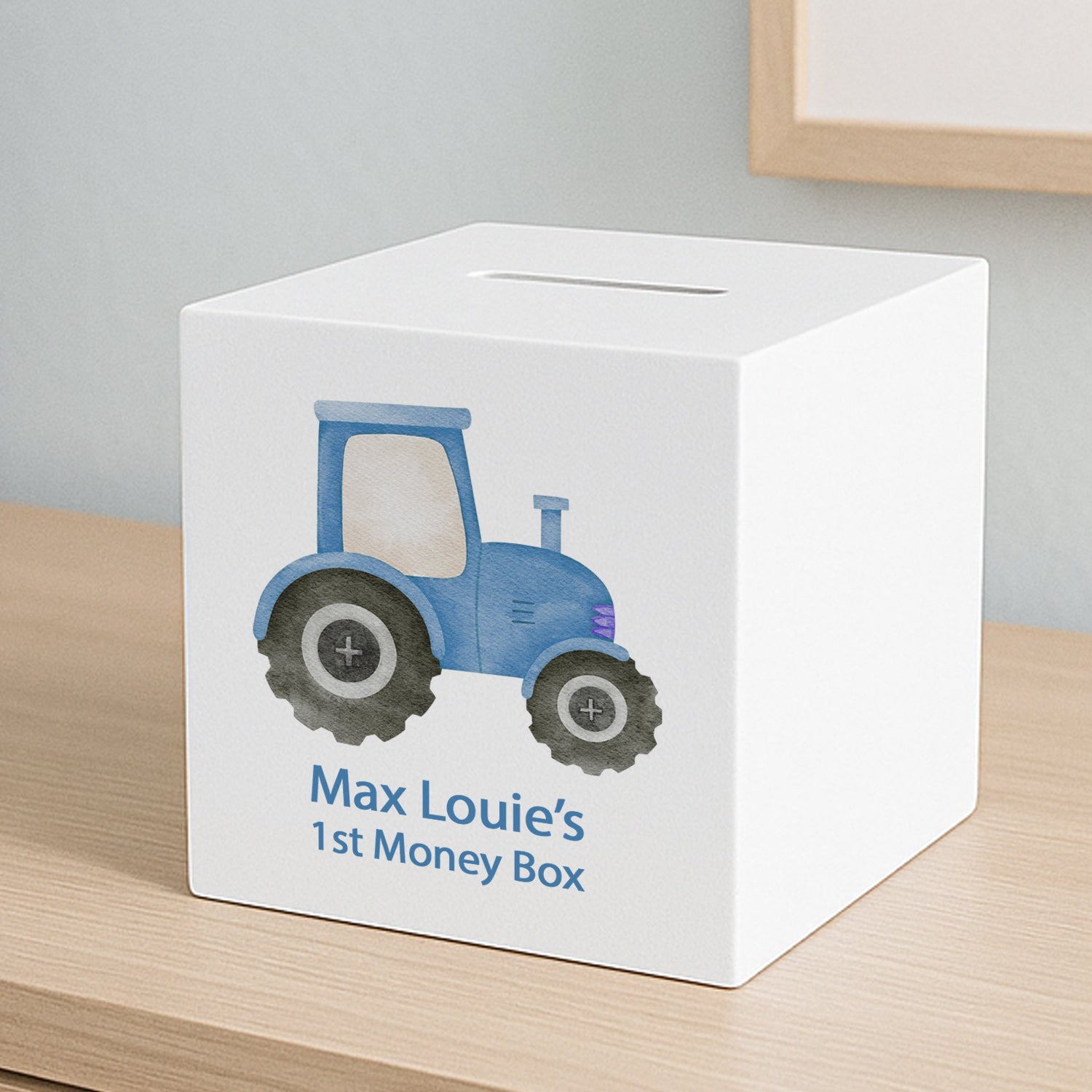 Personalised Blue Tractor Wooden Money Box - Money Boxes
