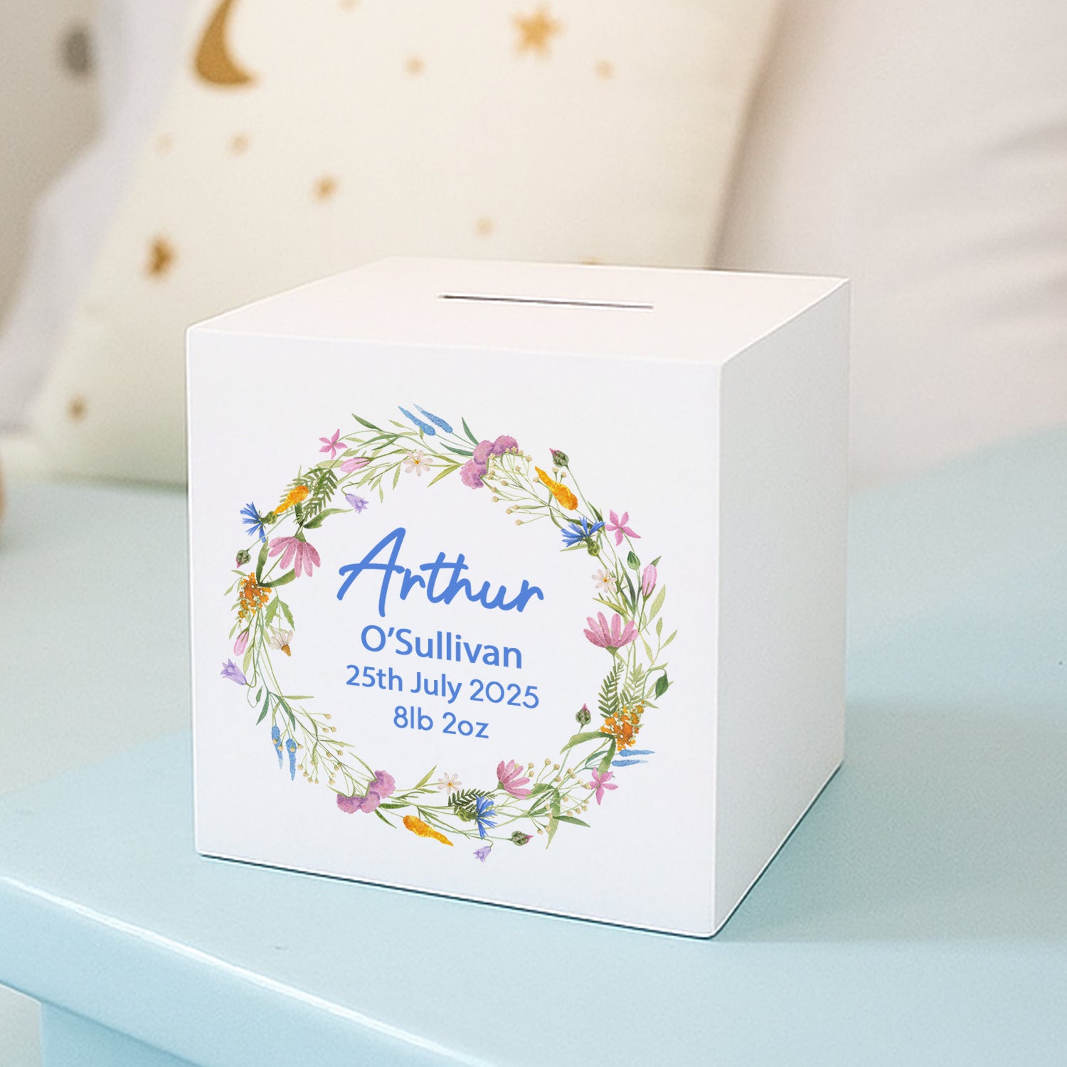 Personalised Colourful Floral Blue Wooden Money Box - Money Boxes