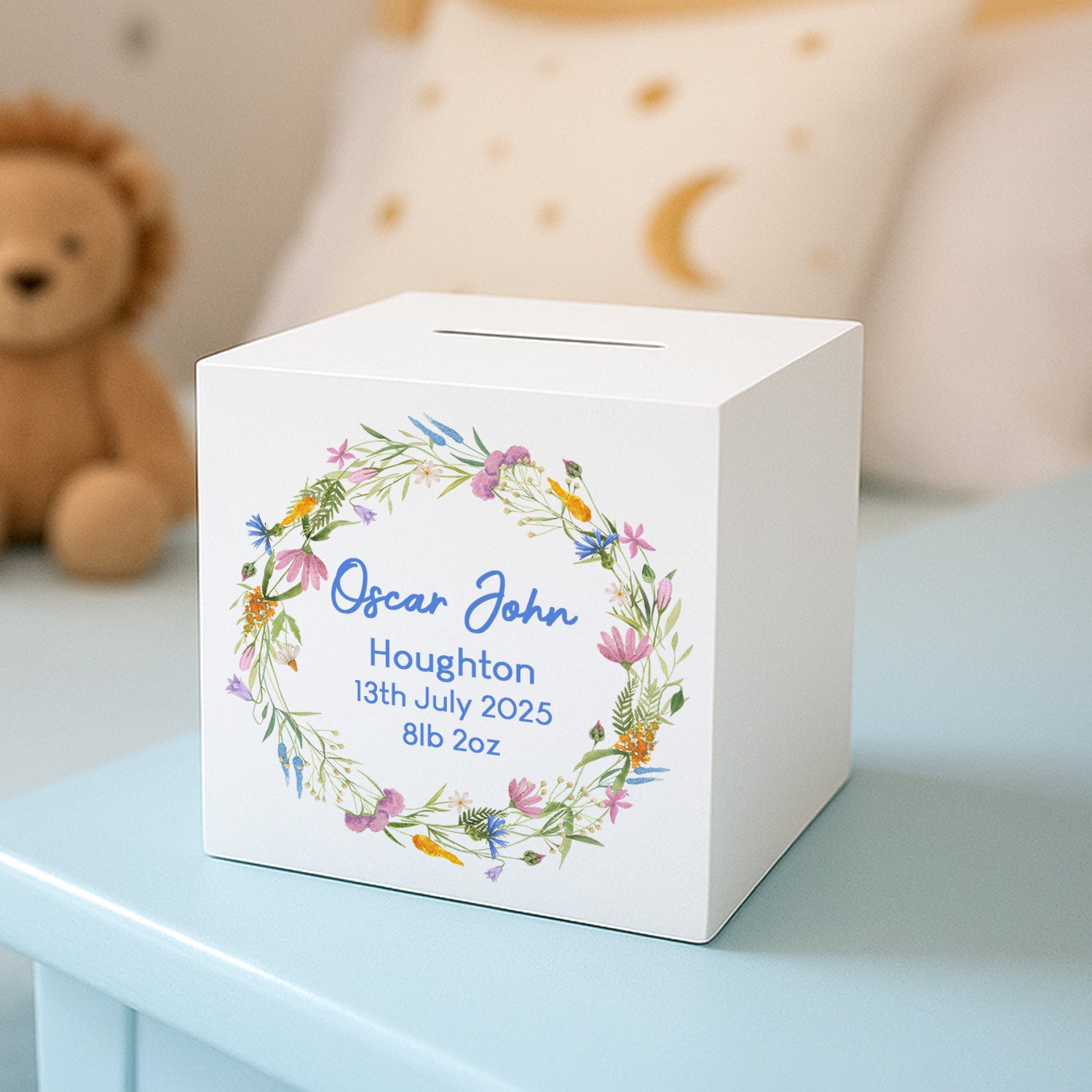 Personalised Colourful Floral Blue Wooden Money Box - Money Boxes