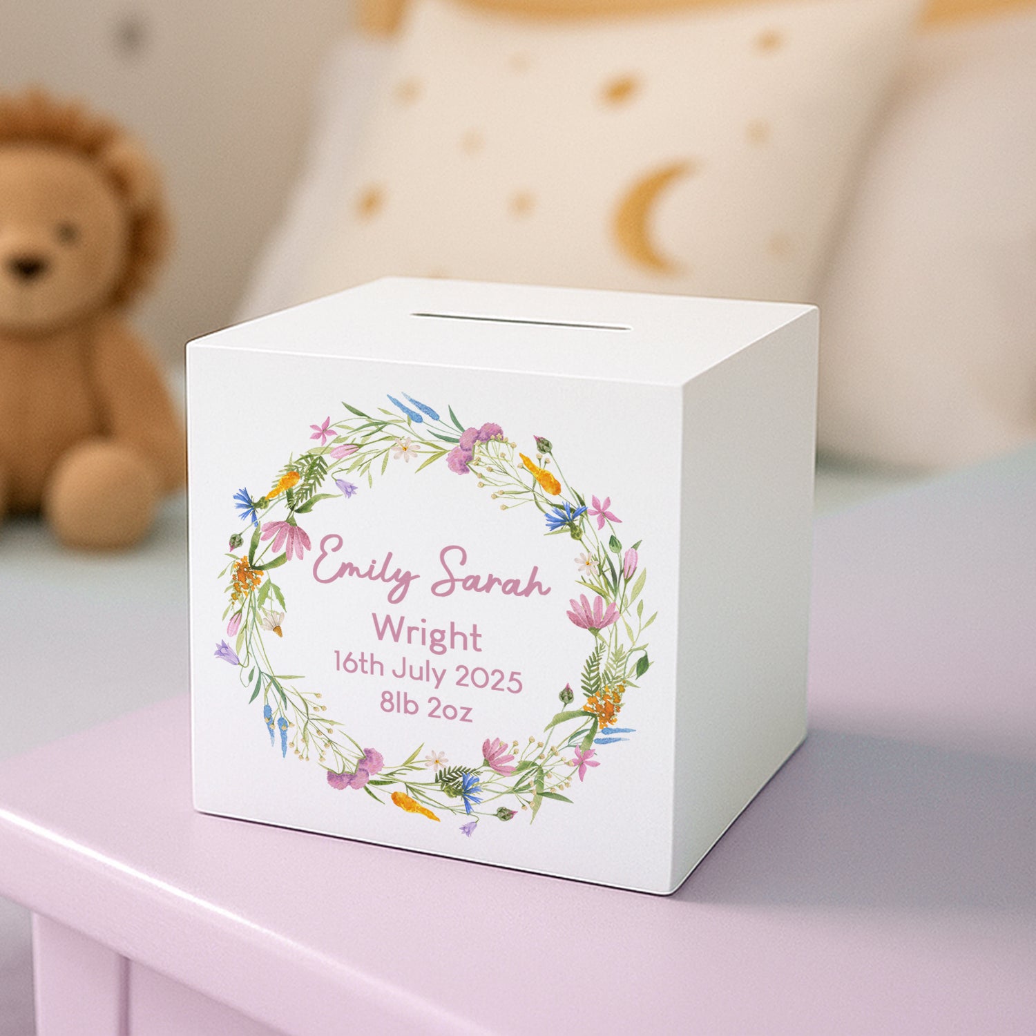 Personalised Colourful Floral Pink Wooden Money Box - Money Boxes