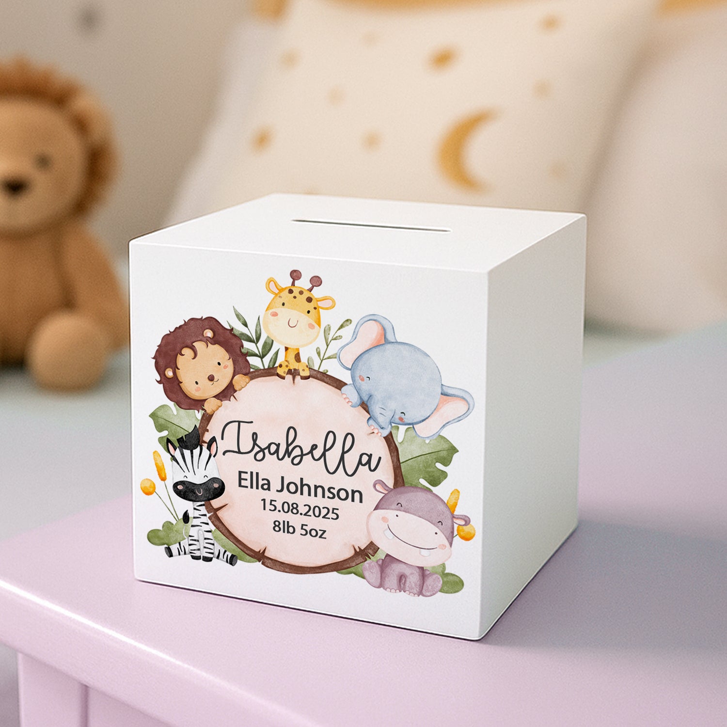 Personalised New Baby Animals Wooden Money Box - Money Boxes