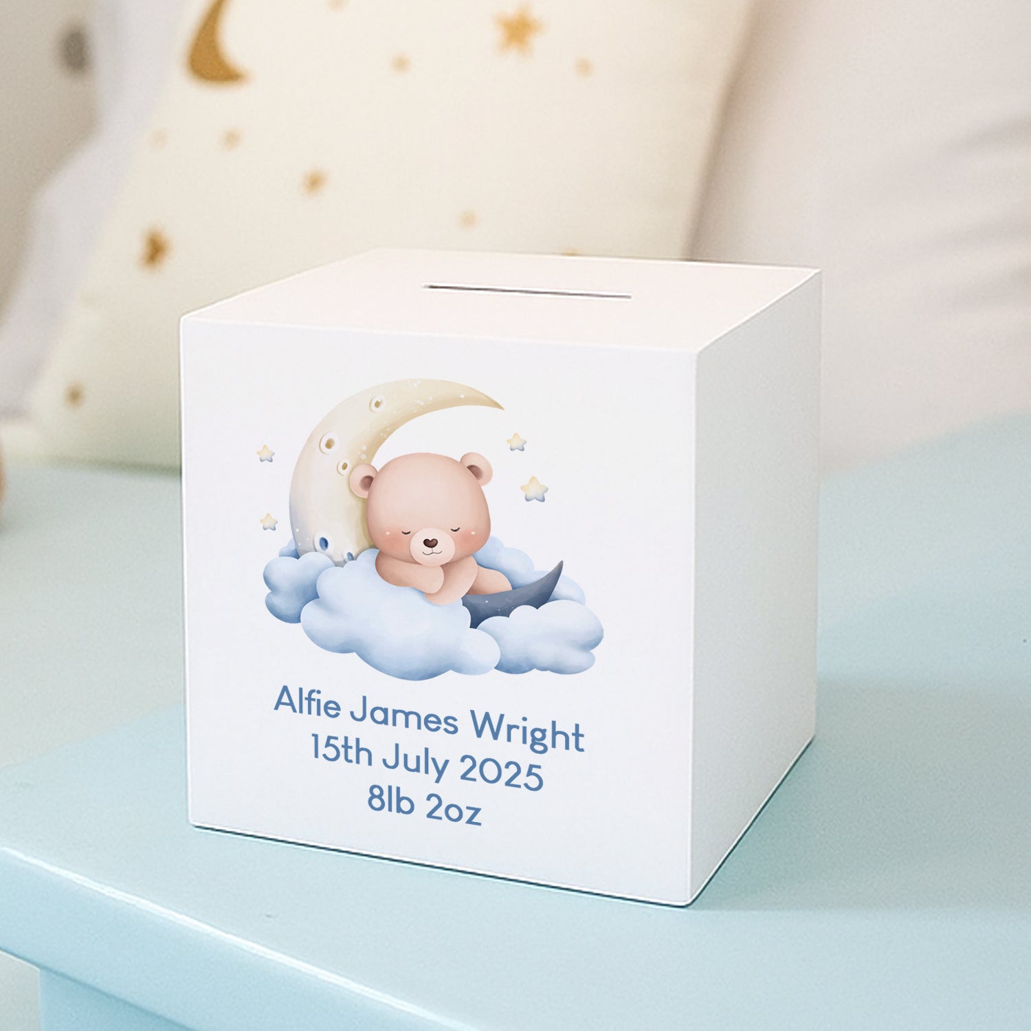Personalised Sleeping Teddy Blue Wooden Money Box - Money Boxes