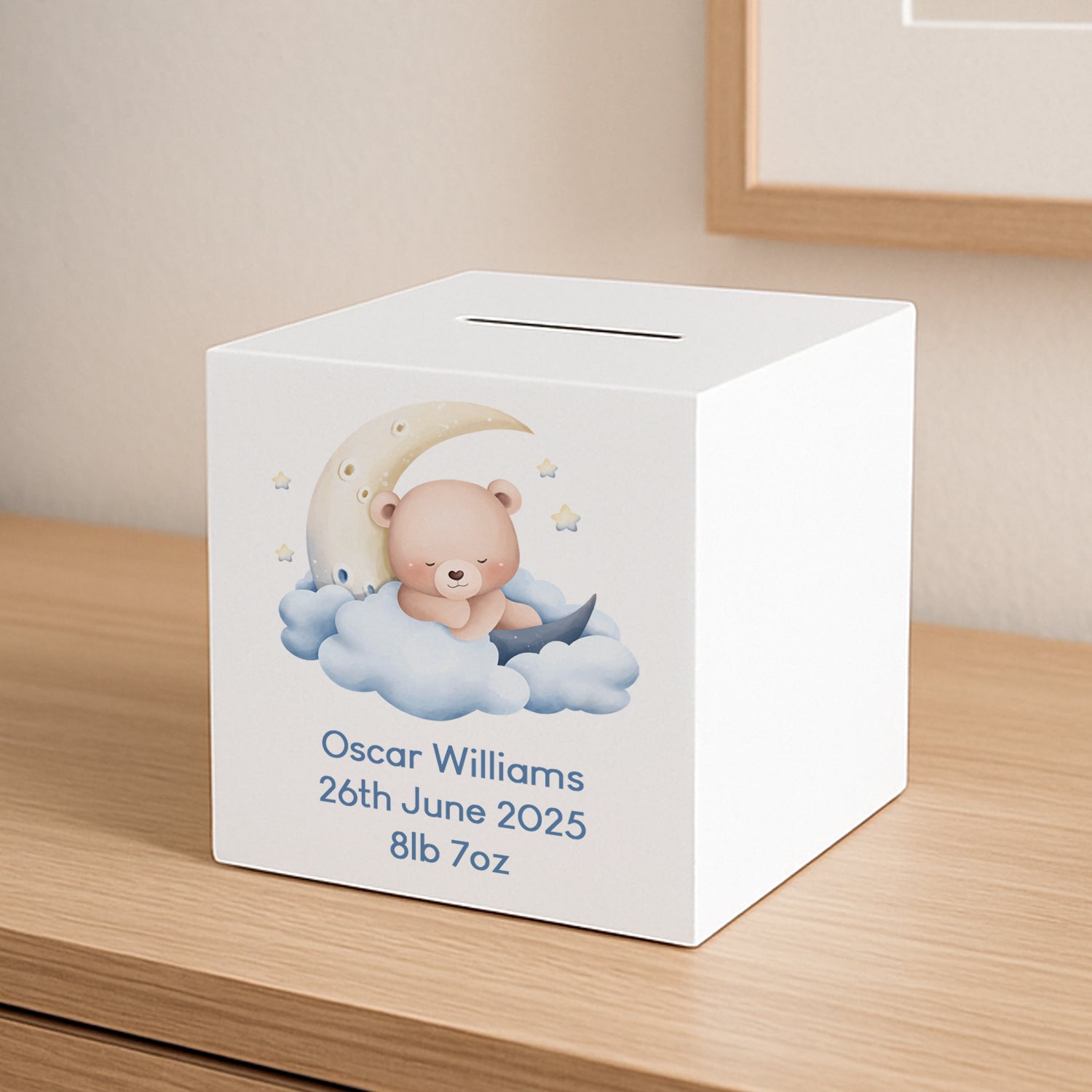 Personalised Sleeping Teddy Blue Wooden Money Box - Money Boxes